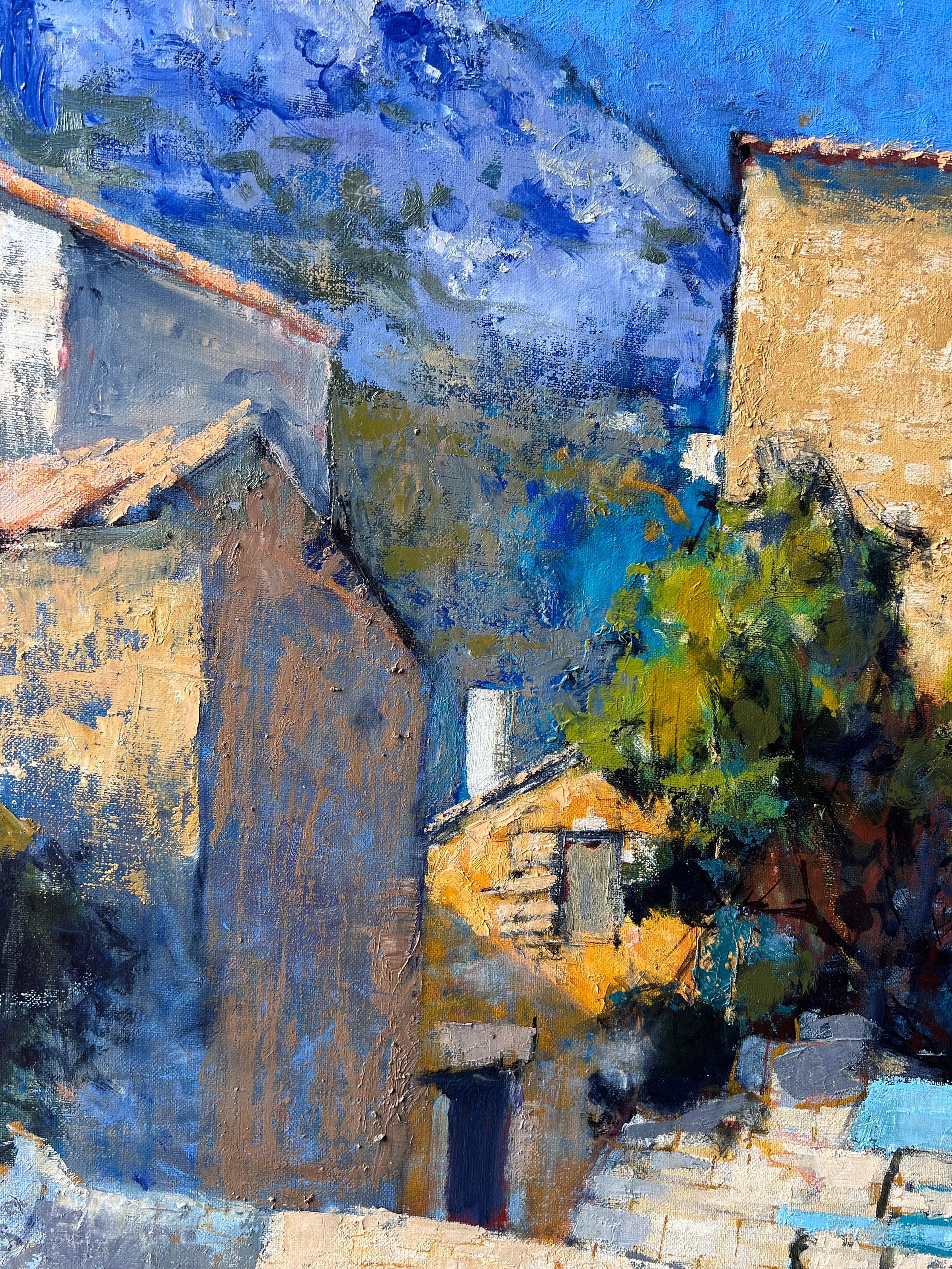 Alte provenzalische Dorfhäuser und blaue Bank Französisch Post Impressionist Ölgemälde im Angebot 3