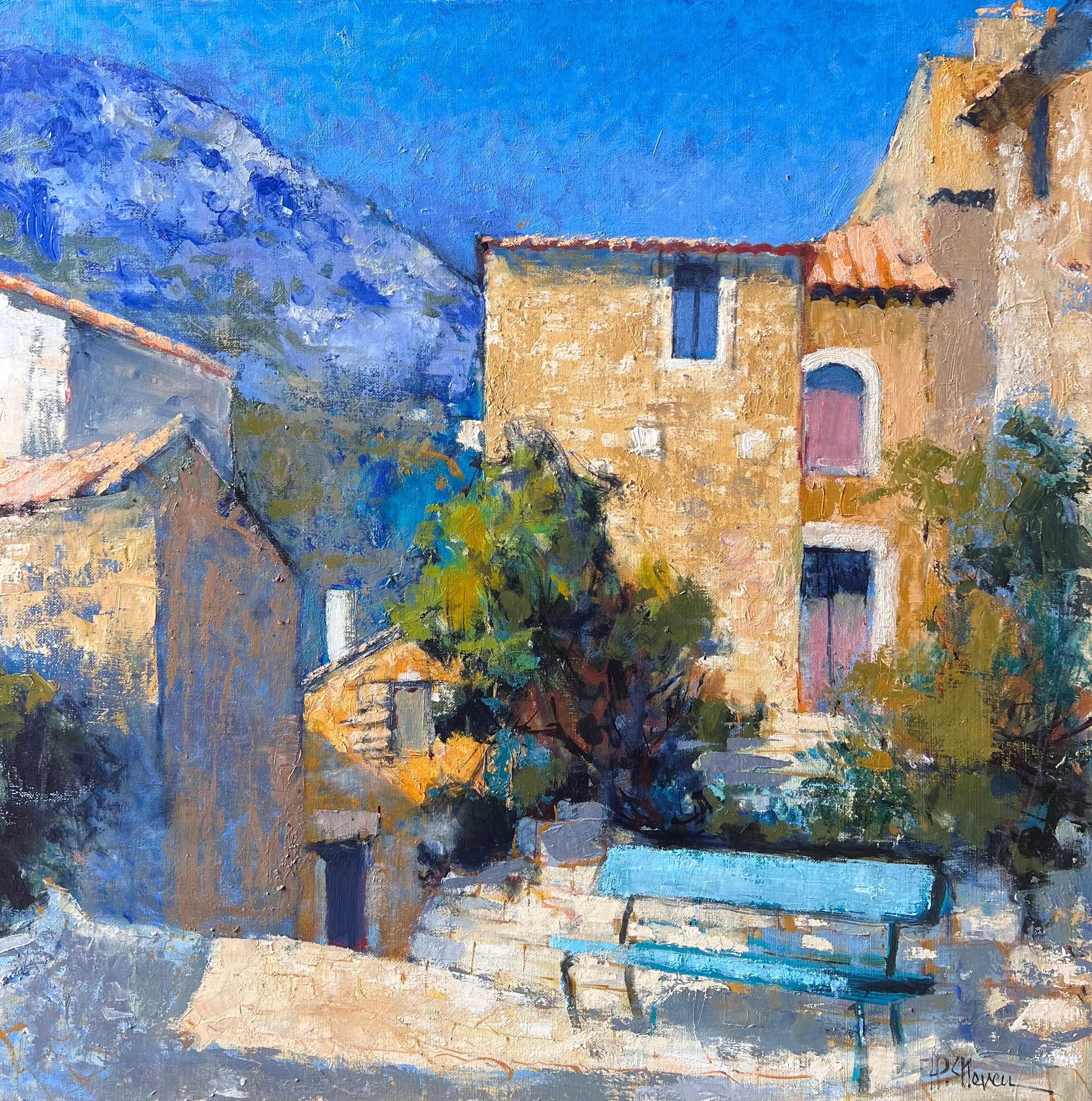 Alte provenzalische Dorfhäuser und blaue Bank Französisch Post Impressionist Ölgemälde