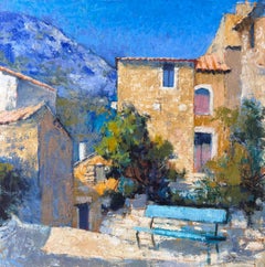 Vecchio villaggio provenzale e panchina blu Pittura ad olio post impressionista francese