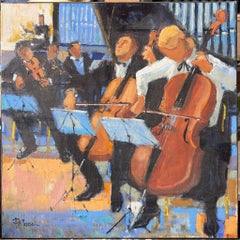 Orchestre de musiciens jouant du violoncelle et du violon dans une scène de concert chaleureuse Huile française