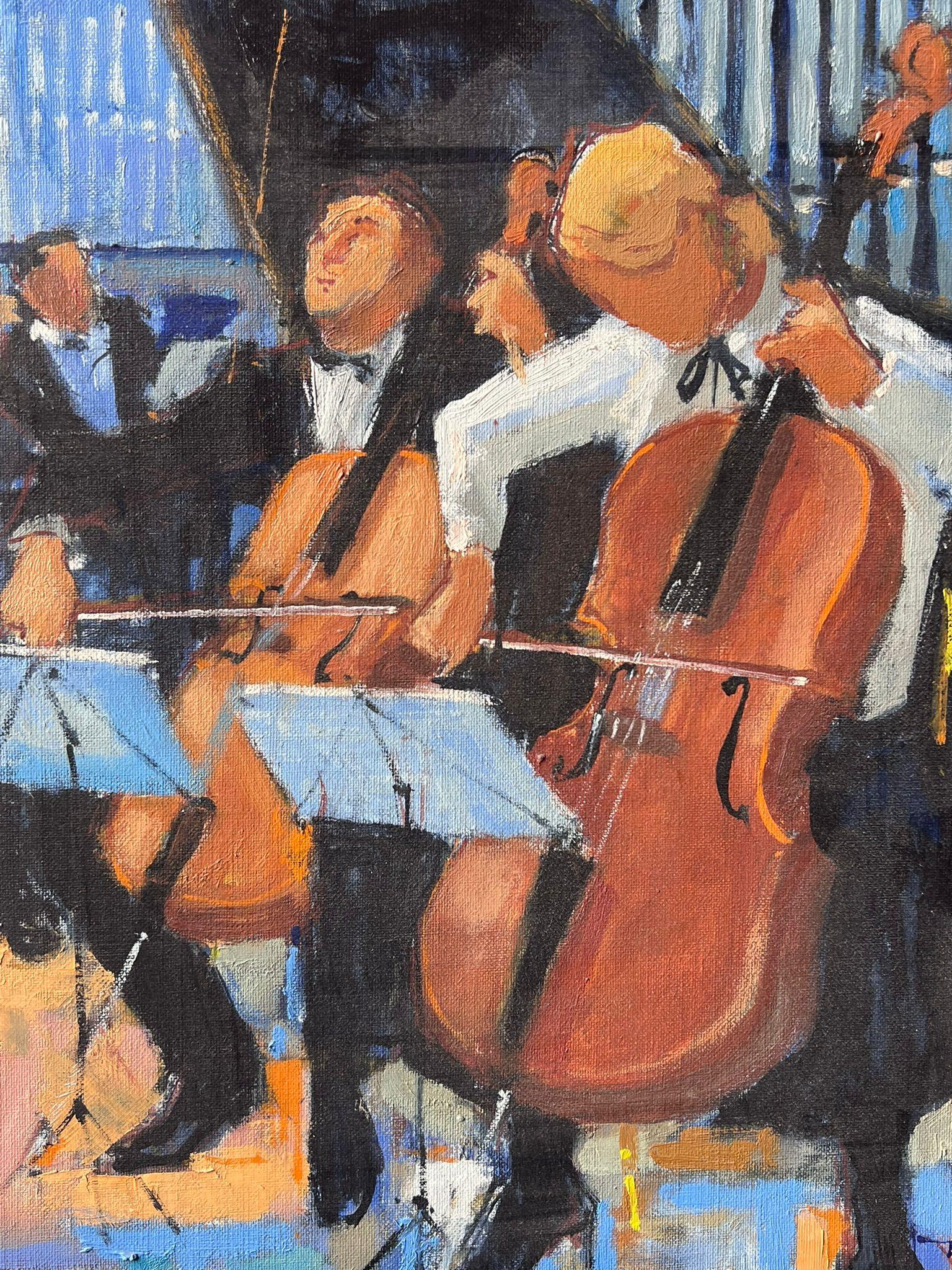 Orchester Musiker spielen Cellos und Geigen in warmer Konzertszene Französisches Öl (Post-Impressionismus), Painting, von Pierre Neveu