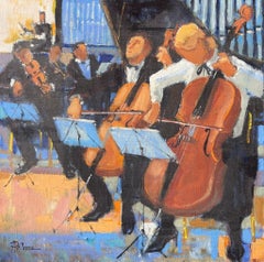 Orchestra Musicians Playing Cellos And Violins In Warm Concert Scene French Oil