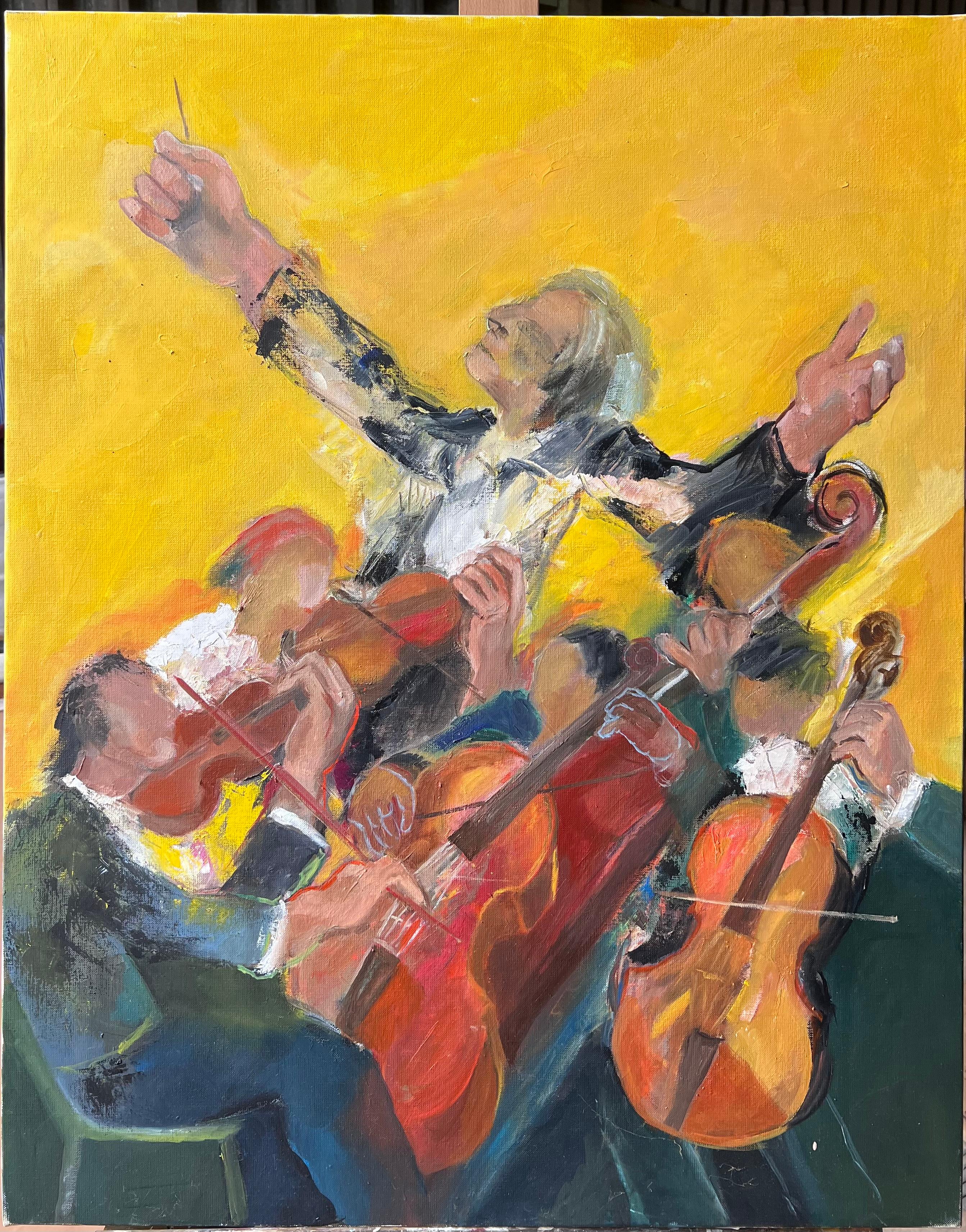 Orchestre avec chef d'orchestre dirigeant les musiciens à un A Hall lumineux Peinture à l'huile française - Painting de Pierre Neveu