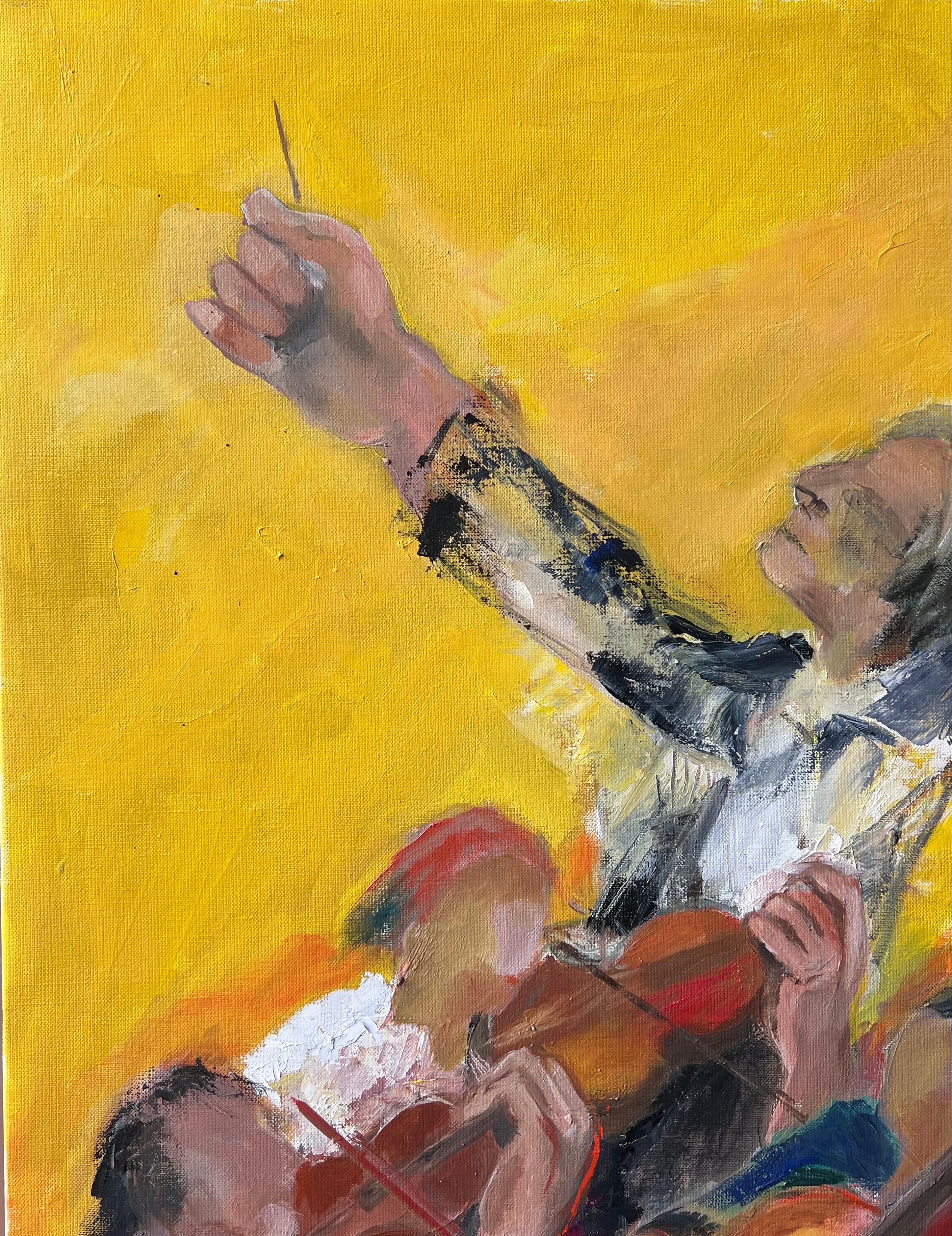 Orchestre avec chef d'orchestre dirigeant les musiciens à un A Hall lumineux Peinture à l'huile française - Post-impressionnisme Painting par Pierre Neveu