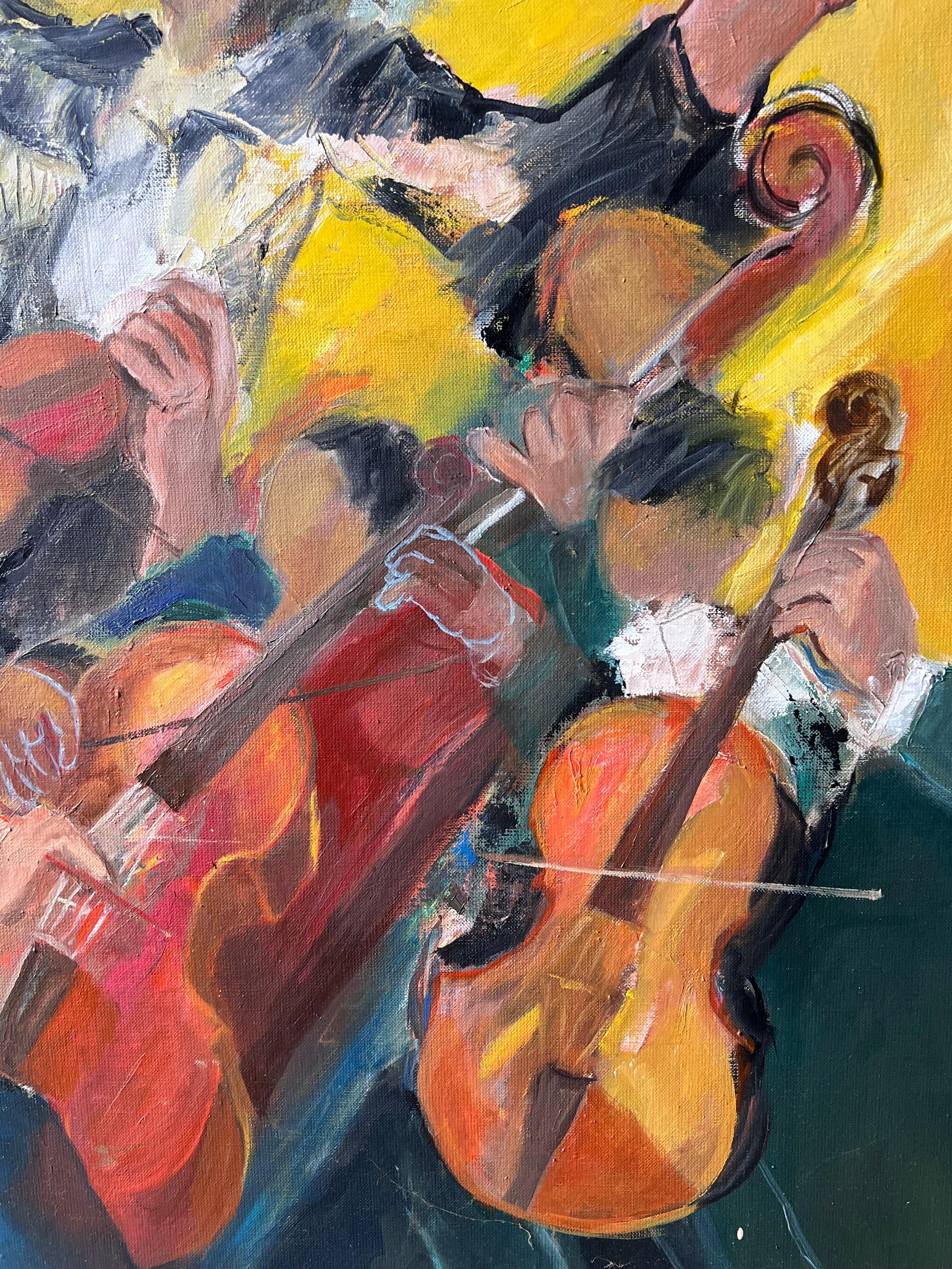 Orchestre avec chef d'orchestre dirigeant les musiciens à un A Hall lumineux Peinture à l'huile française en vente 1