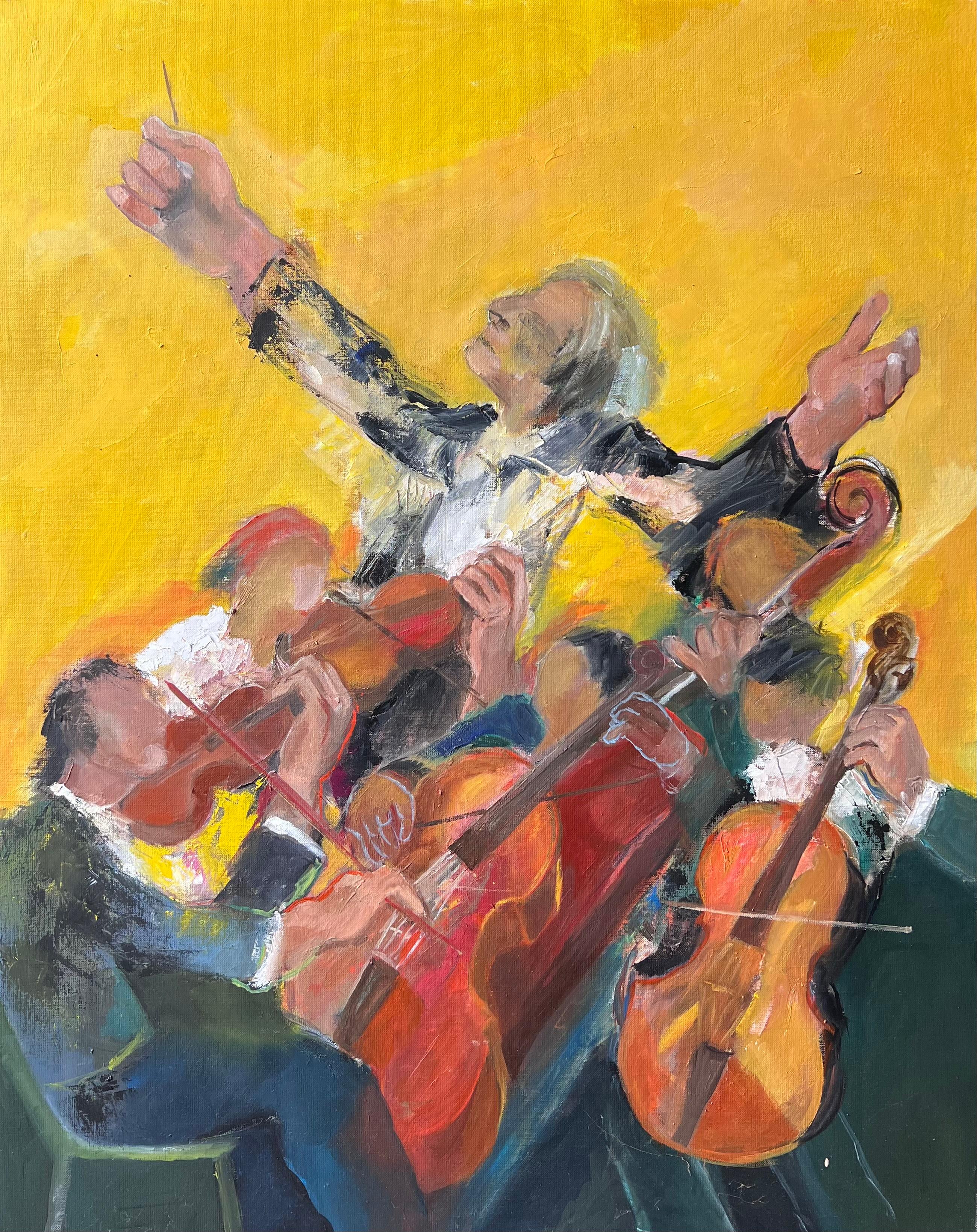 Figurative Painting Pierre Neveu - Orchestre avec chef d
orchestre dirigeant les musiciens à un A Hall lumineux Peinture à l
huile française