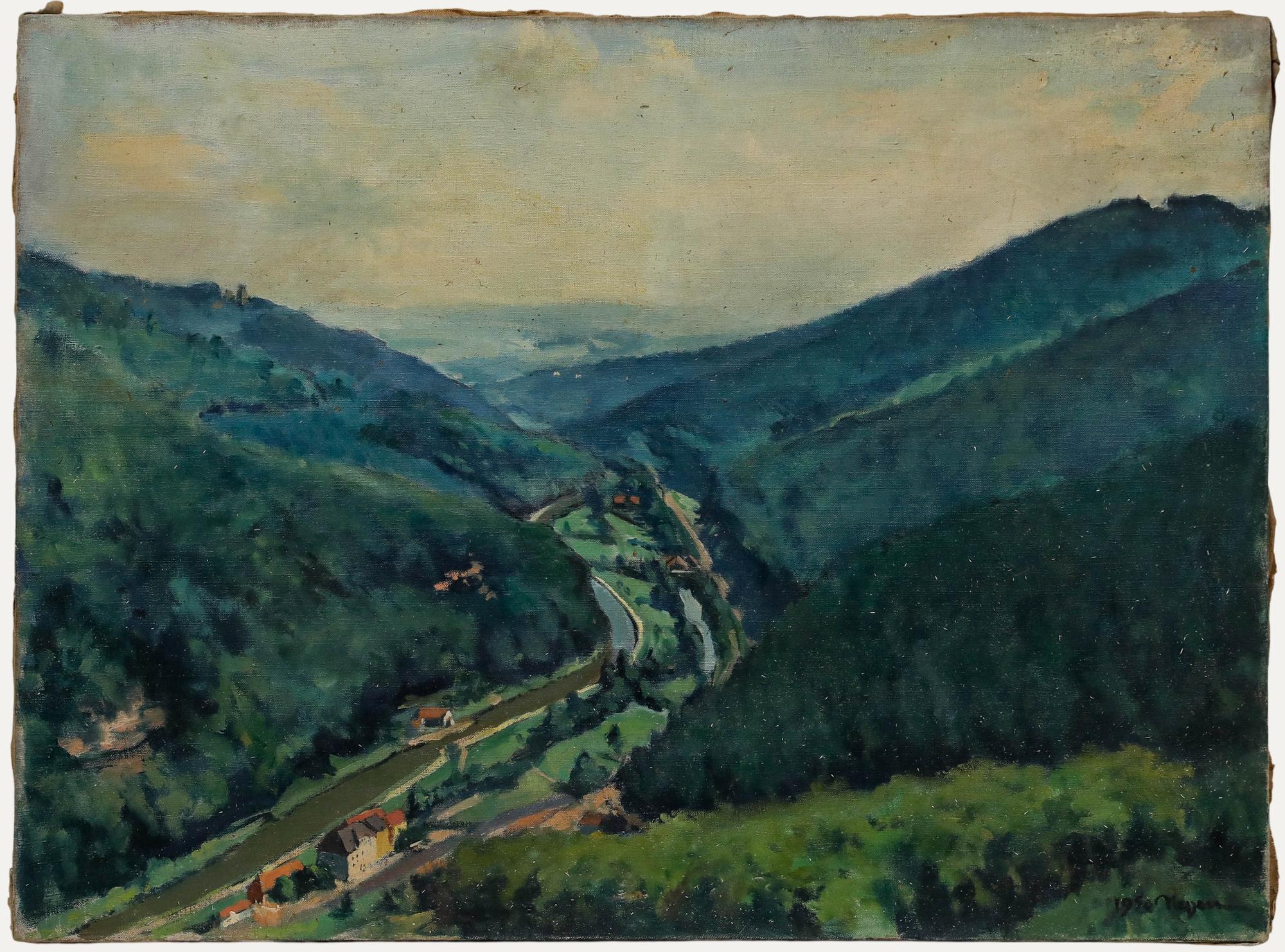 A charming landscape scene depicting a long road winding through French countryside. Signed and dated to the lower right. On canvas.