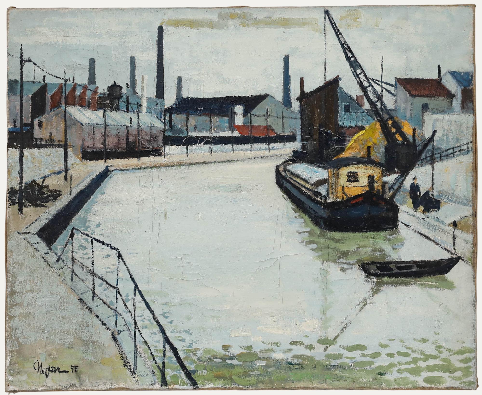 A charming scene depicting a quiet harbourside under cloudy skies. Signed and dated to the lower left. On canvas.