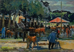 Pierre Neveu (né en 1929) - 20e siècle Huile, Marché aux bestiaux