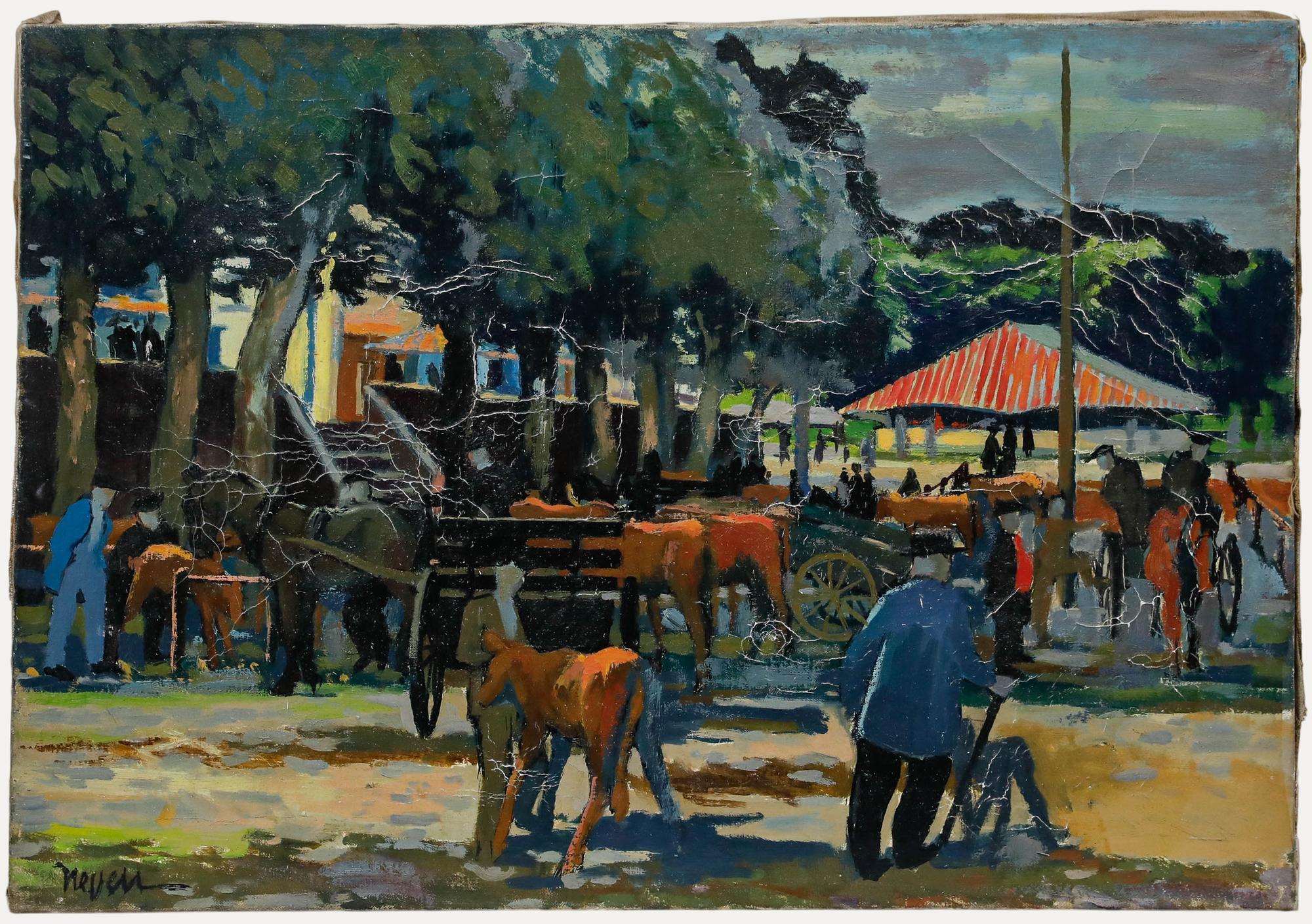 A colourful depiction of a French cattle market in morning light. Signed to the lower left. Inscribed on the stretchers verso. On canvas.