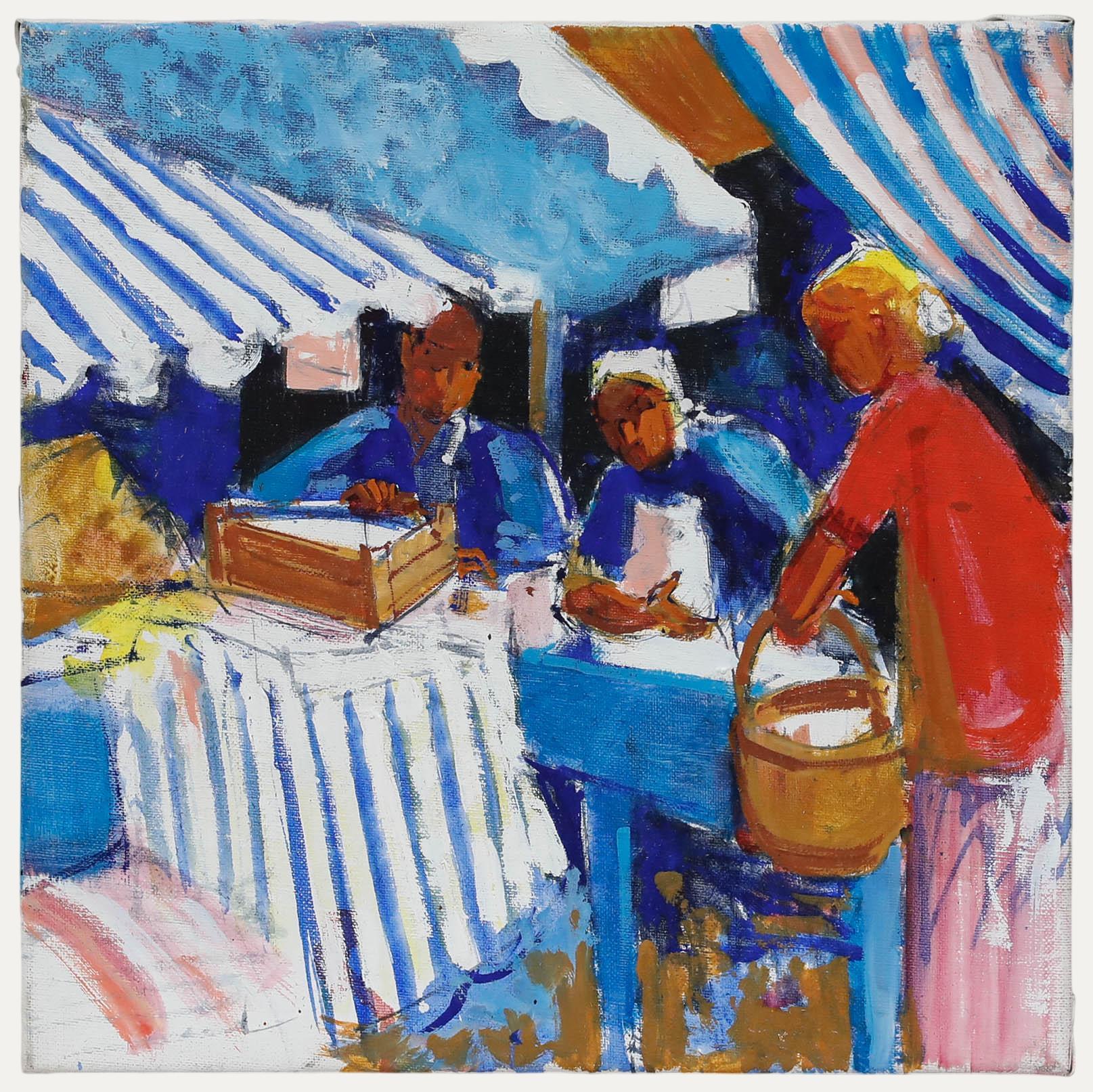 Pierre Neveu (b.1929) - At The Market, oil on canvas. A vibrant depiction of a French market with stallholders busy selling their produce. Unsigned. (Provenance: Studio Sale, Pierre Neveu). On canvas on stretchers. 