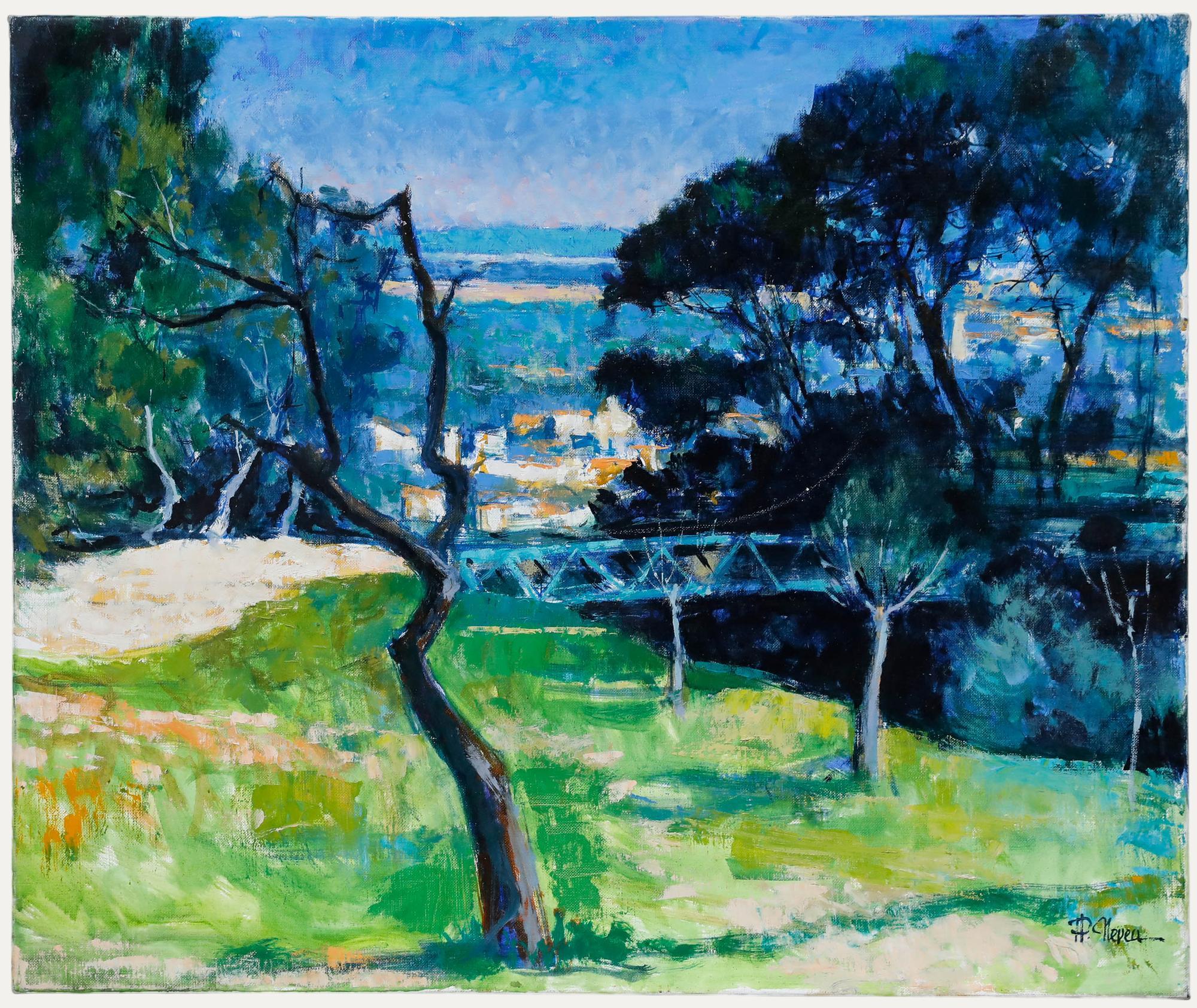 A charming landscape scene depicting a small bridge in Cadenet, France. Signed to the lower left. On board. 