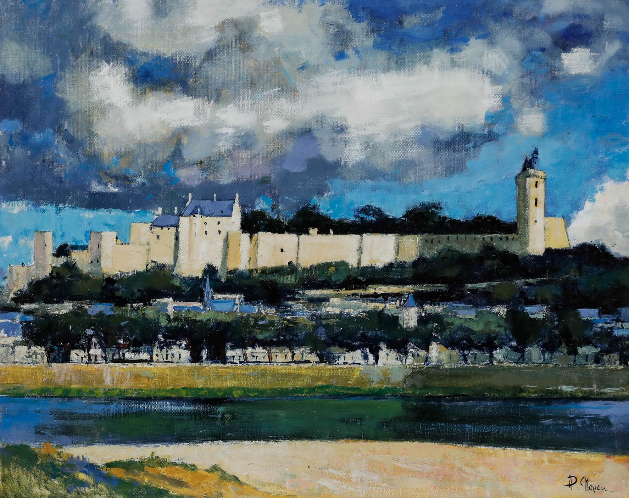 Pierre Neveu (b.1929) - Contemporary Oil, Castle at Chinon on the River For Sale 1