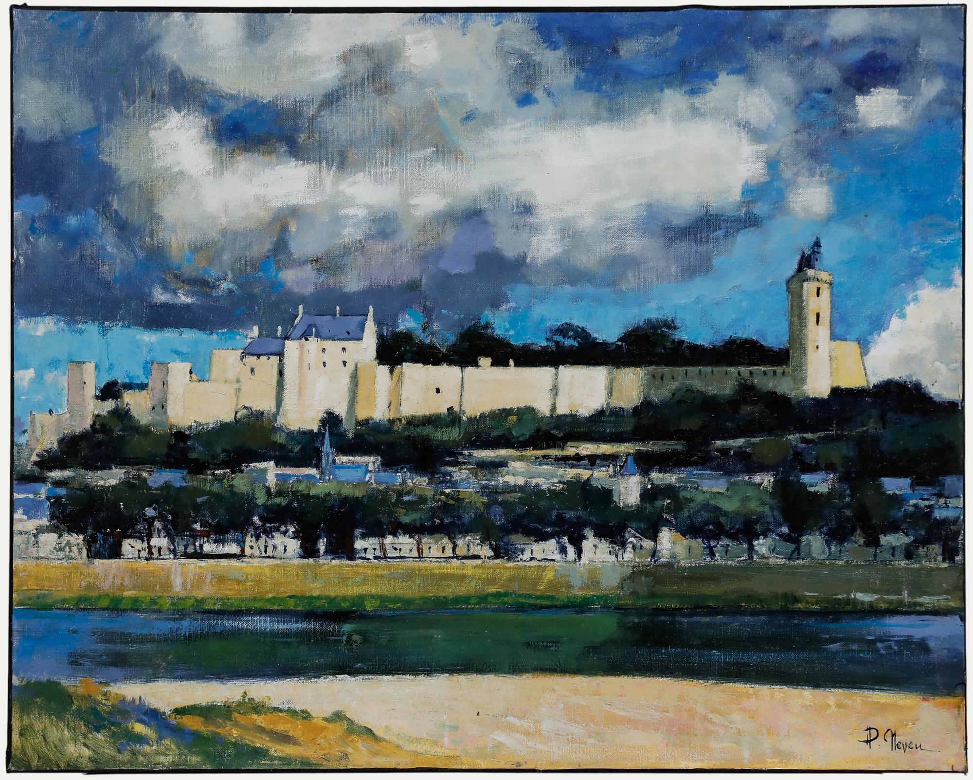 A wonderful, large-scale study of the Château de Chinon from across the river by Pierre Neveu. This expansive composition captures the castle in all its glory, with expressive brushwork beautifully rendering the dramatic, cloudy skies above. A fine