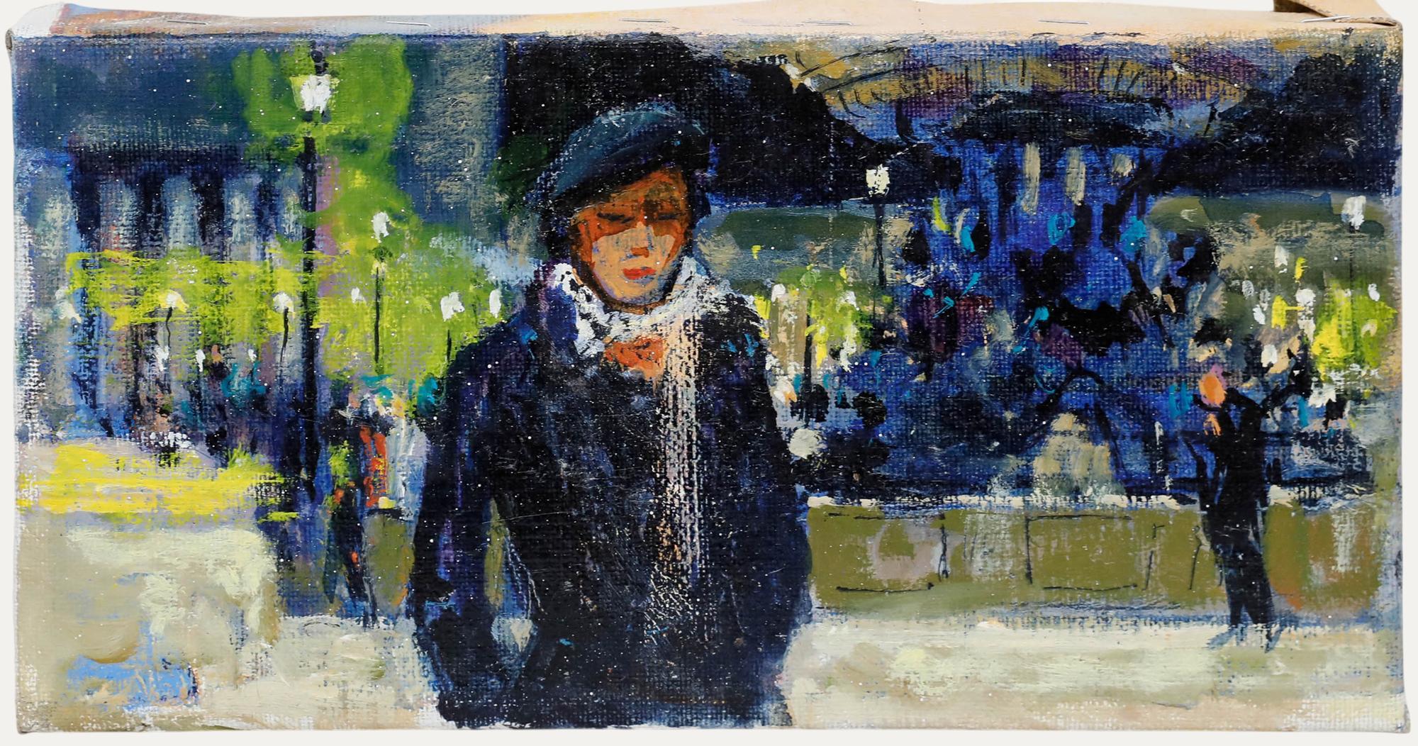 Pierre Neveu (b.1929) - Fontaine des Mers, oil on canvas. A vibrant oil study of a Parisian woman, strolling past the Fontaine des Mers at night. Unsigned. (Provenance: Studio Sale, Pierre Neveu). On canvas on stretchers. 