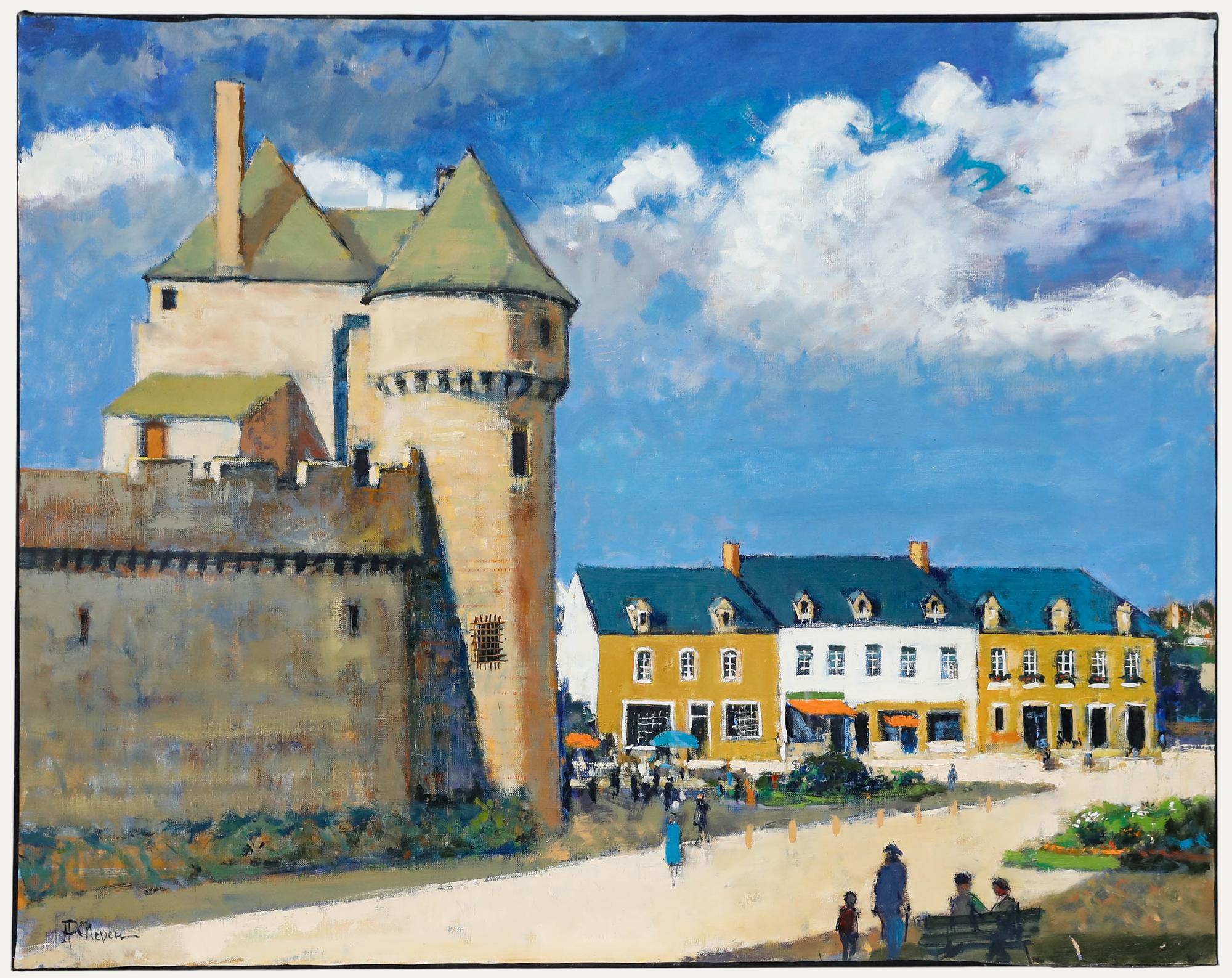 A fine study of the medieval town of Guérande in France, with the imposing castle prominently anchoring the composition. Delicate figures animate the town square below, adding a sense of daily life and quiet charm to this historic setting. Signed.