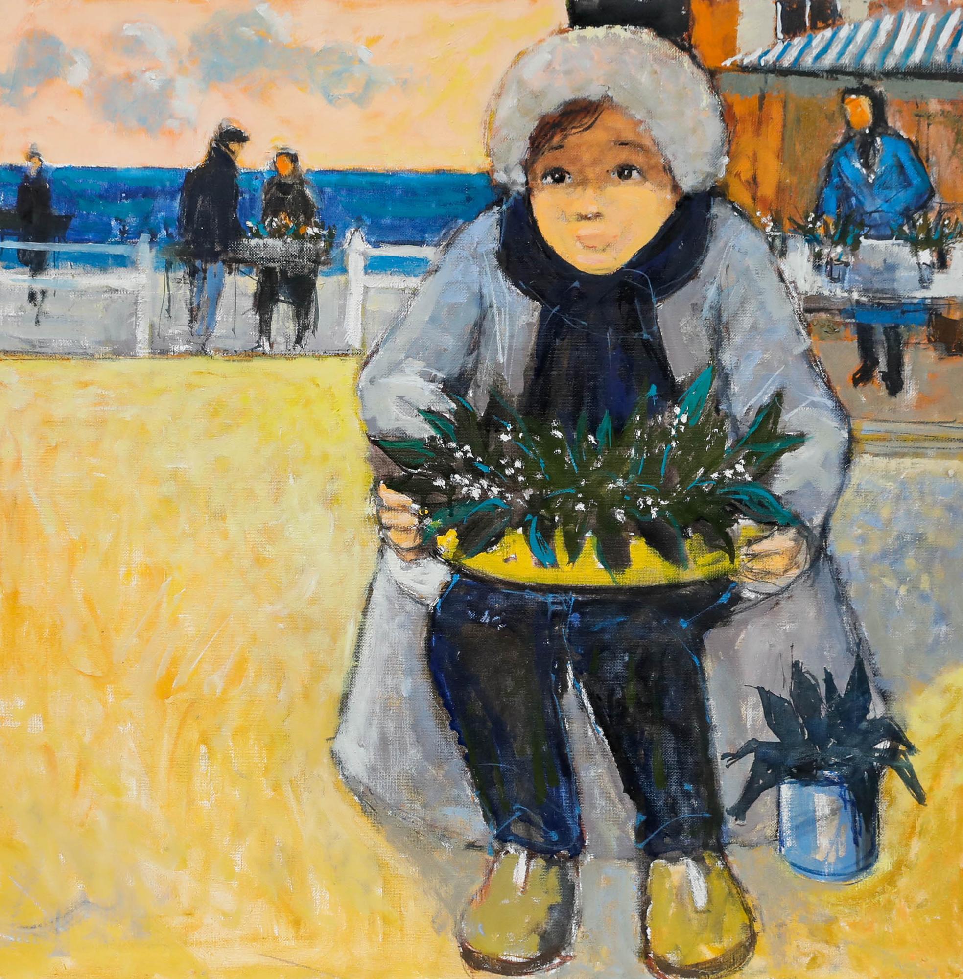 Pierre Neveu (b.1929) - Contemporary Oil, Little Girl with Flowers For Sale 1