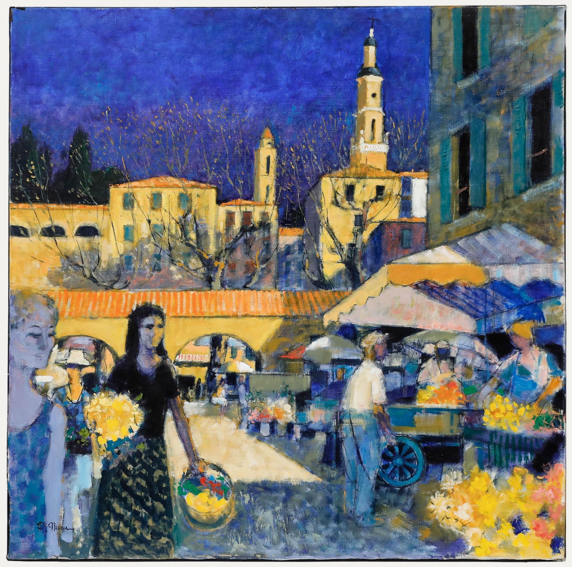 A fine, bold, and colourful study of the bustling market in Menton, France, by artist Pierre Neveu. The scene is exquisitely rendered in a vibrant palette, with dominant shades of blue contrasted beautifully by rich bursts of orange. Bouquets of