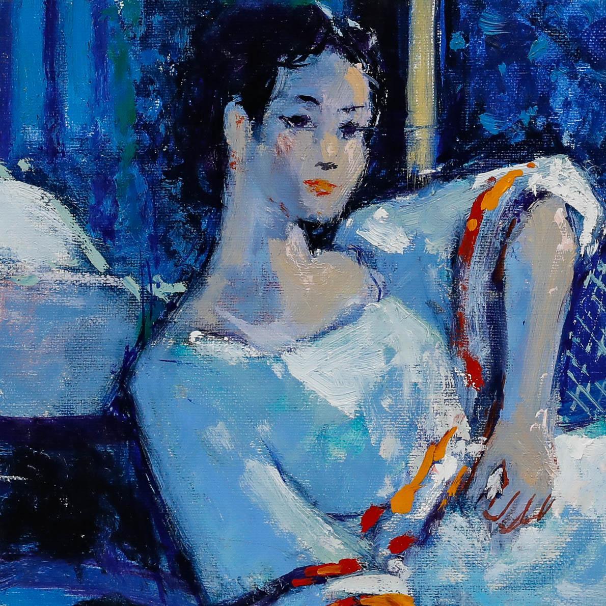 Pierre Neveu (b.1929) - Contemporary Oil, Portrait in Blue For Sale 3