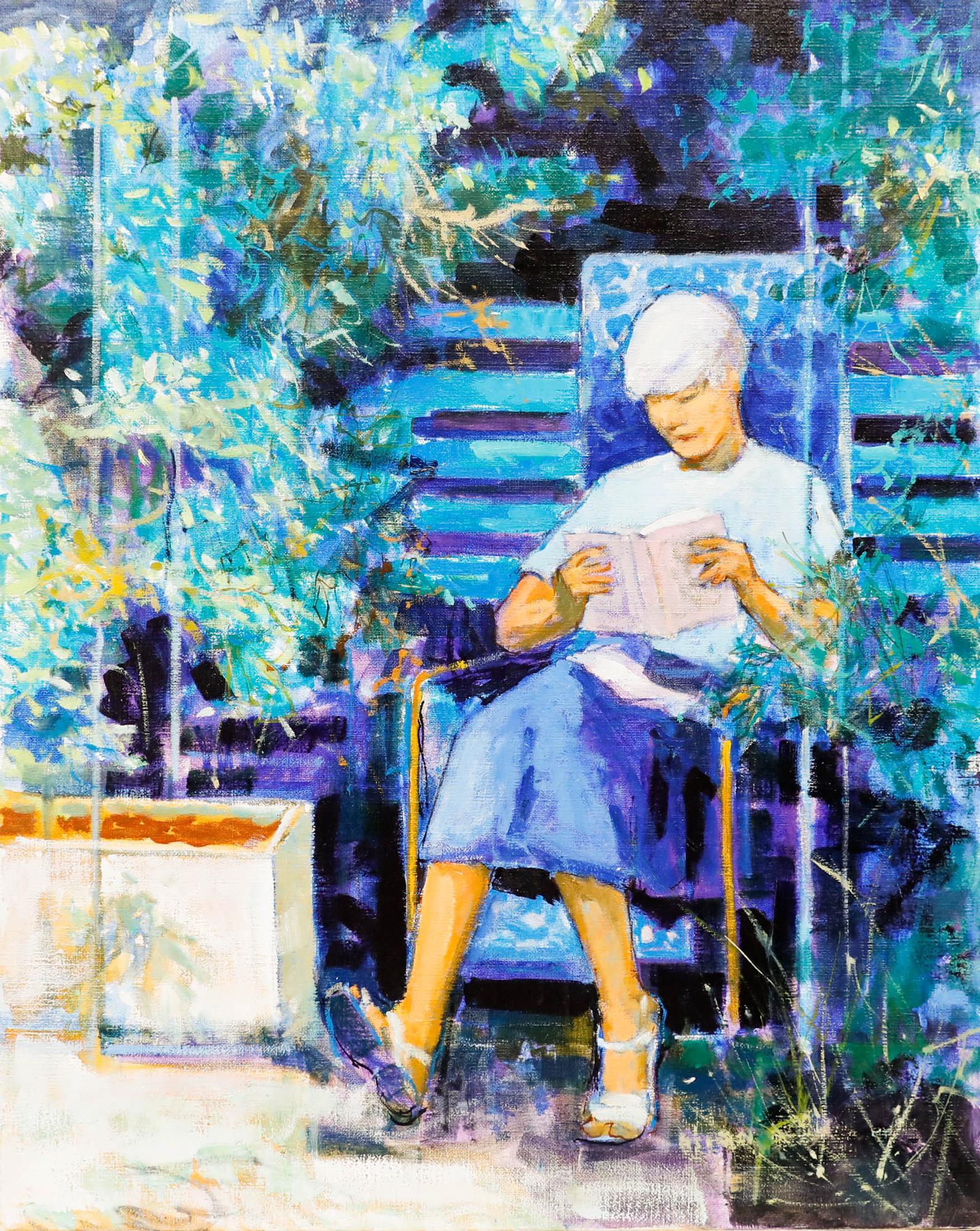 Pierre Neveu (nato nel 1929) - Olio contemporaneo, Lettura in giardino in vendita 1