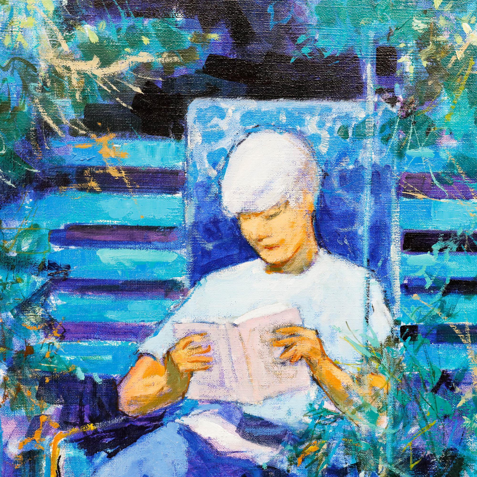 Pierre Neveu (nato nel 1929) - Olio contemporaneo, Lettura in giardino in vendita 3