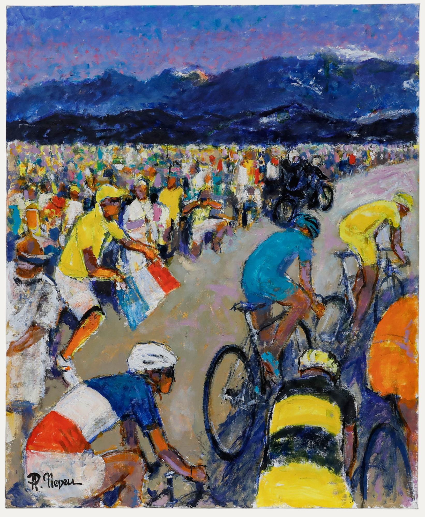 A vibrant depiction of cyclists racing in a mountainous landscape. Signed to the lower left.