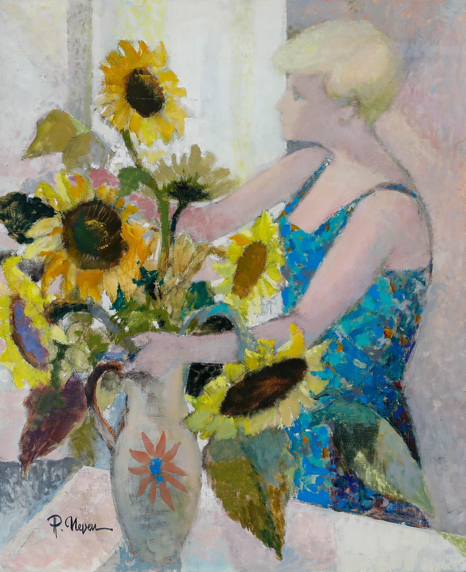Pierre Neveu (b.1929) - Contemporary Oil, The Lady & Sunflowers For Sale 1