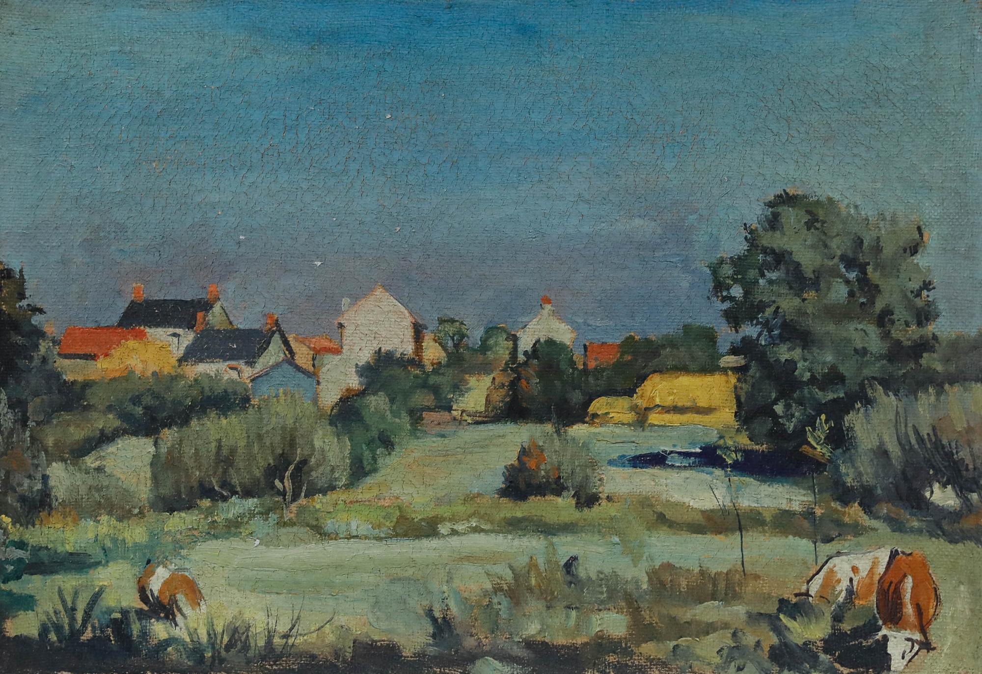 Pierre Neveu (b.1929) - Mid 20th Century Oil, Cattle in the Village Meadow For Sale 1