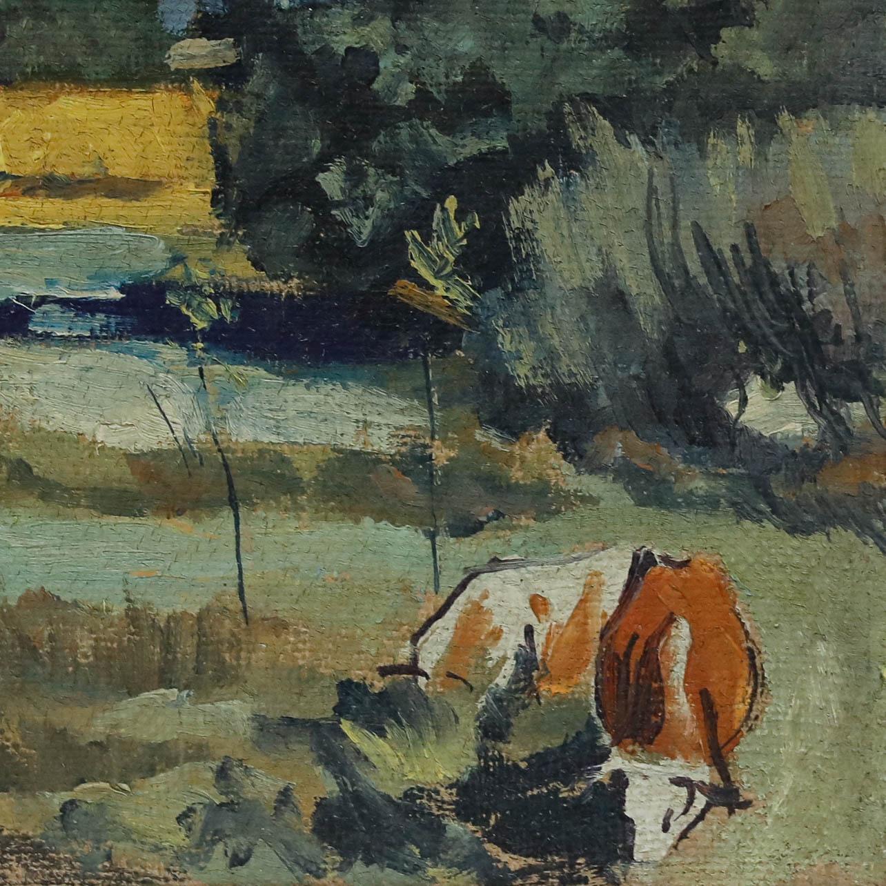 Pierre Neveu (b.1929) - Mid 20th Century Oil, Cattle in the Village Meadow For Sale 3
