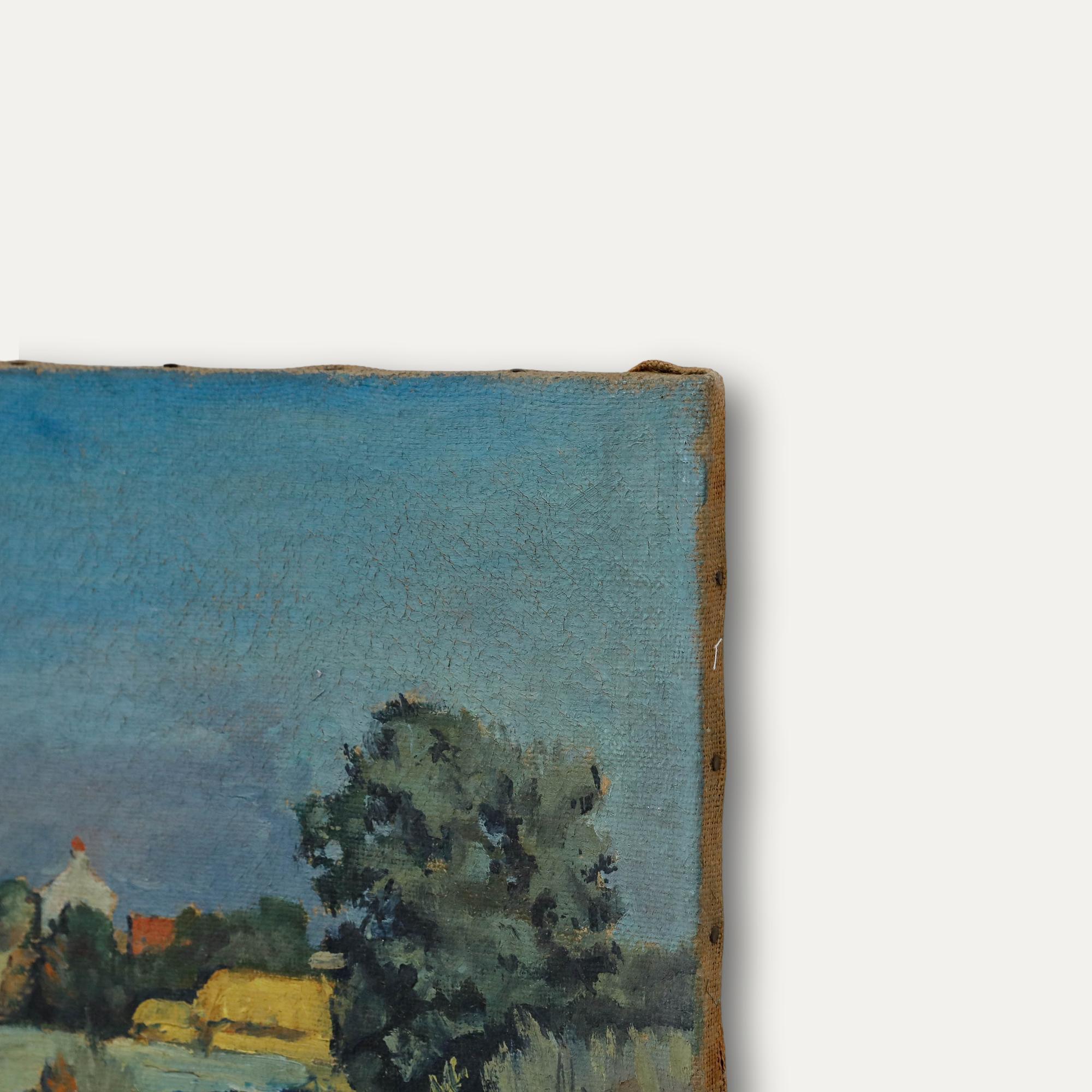 Pierre Neveu (b.1929) - Mid 20th Century Oil, Cattle in the Village Meadow For Sale 4
