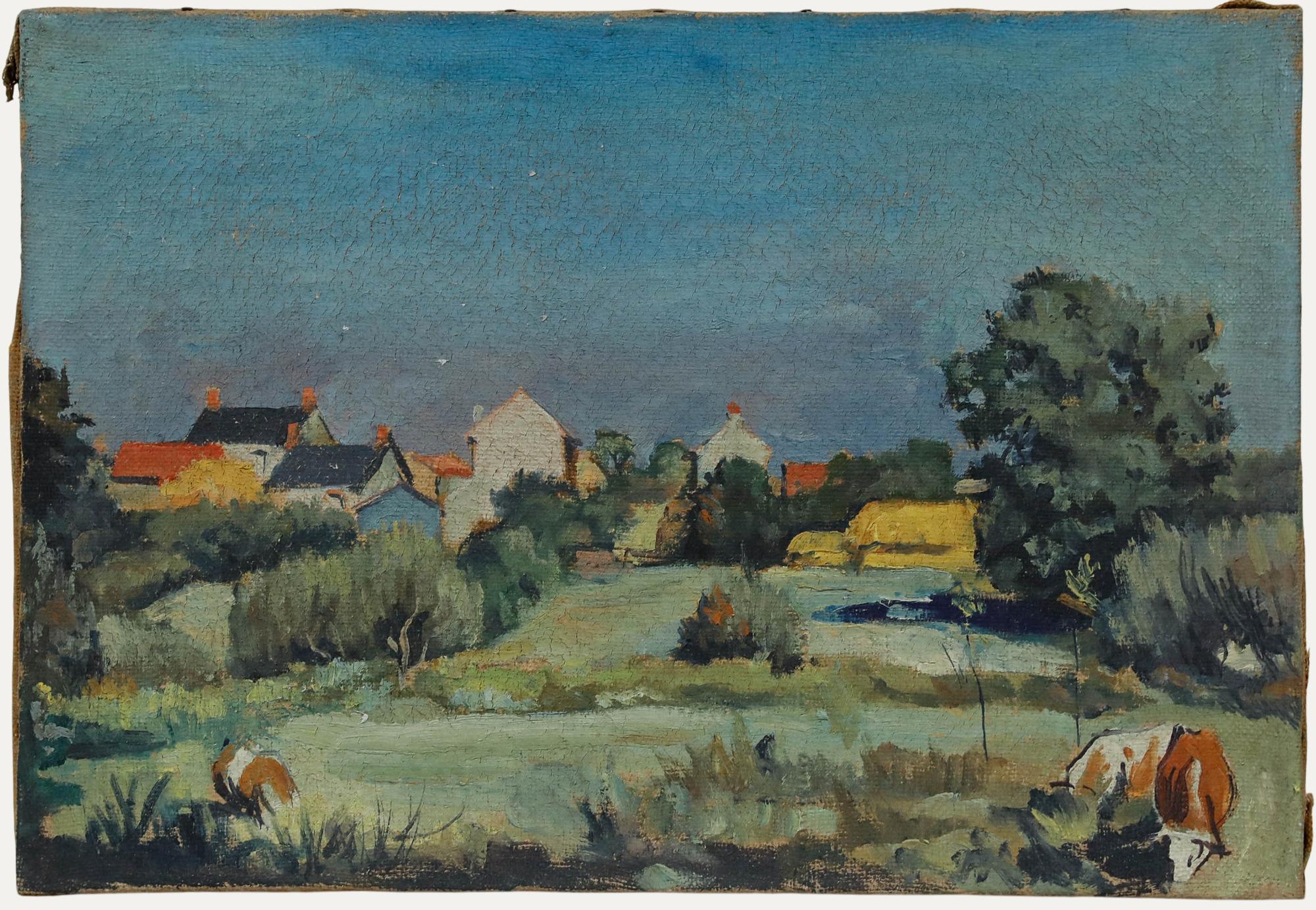 A peaceful scene depicting cattle grazing on the outskirts of a French village. Unsigned. On canvas.