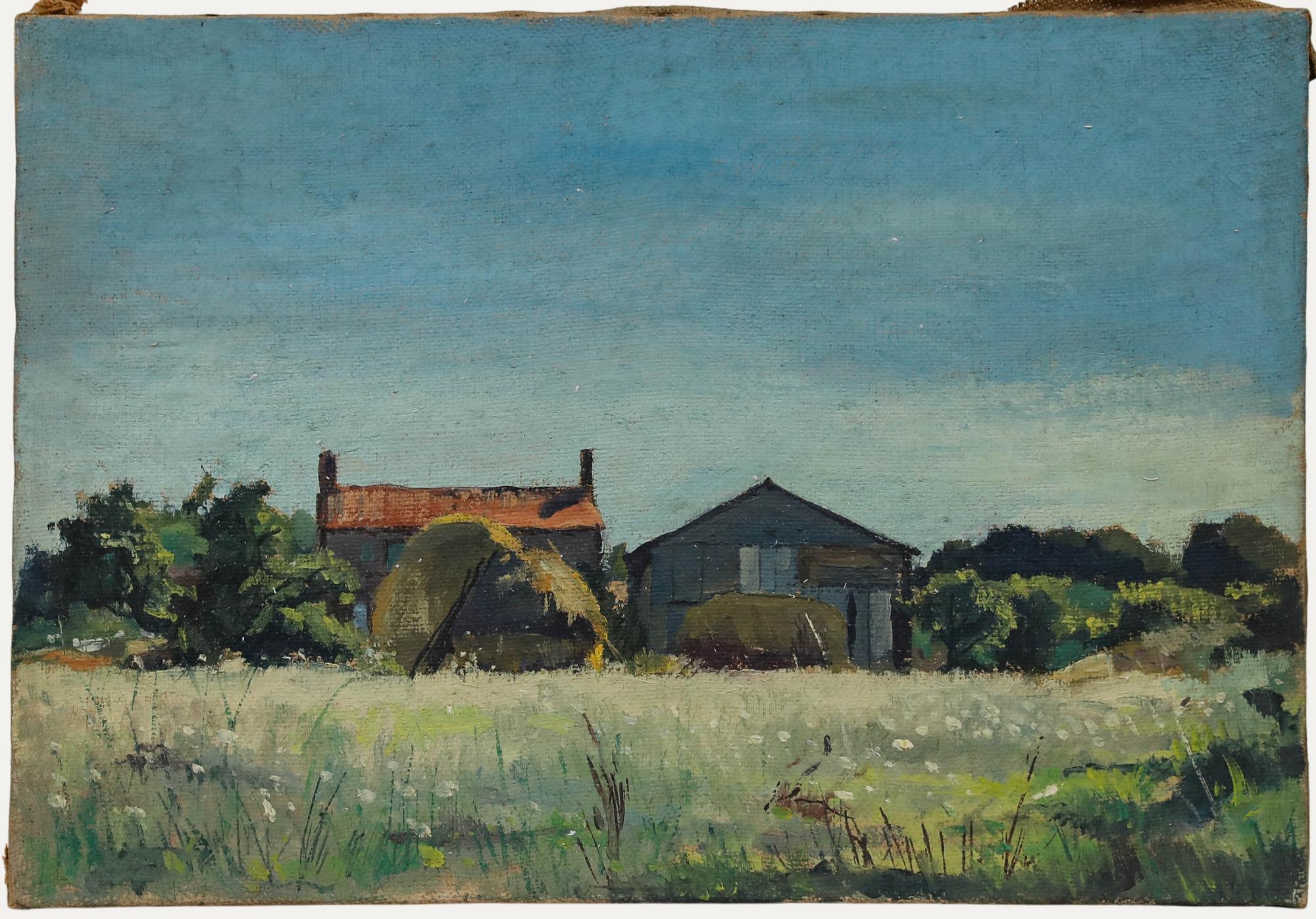 A charming depiction of a farm in summer, with haystacks piled by large barn doors. Unsigned. On canvas. 