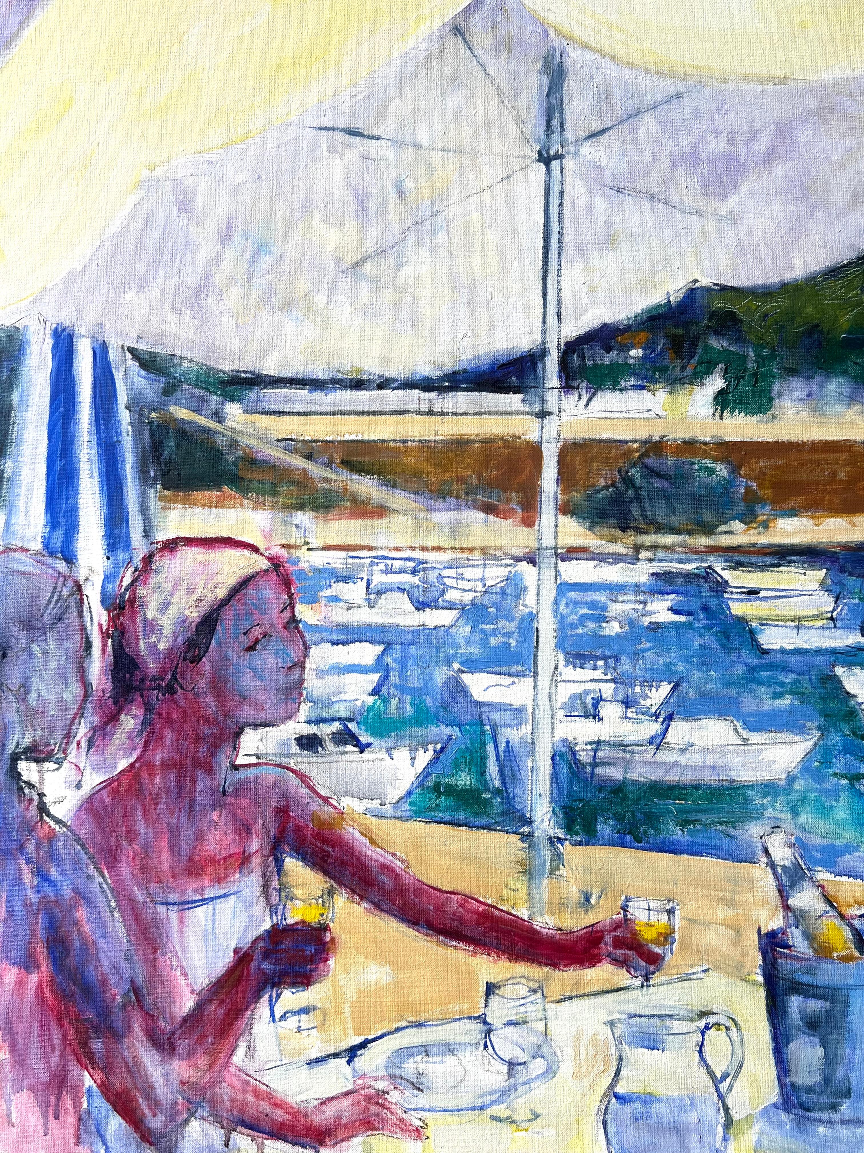 Seaside Cafe Szene mit Diners mit Blick auf Boote und Villa Ein Französisch Ölgemälde (Post-Impressionismus), Painting, von Pierre Neveu