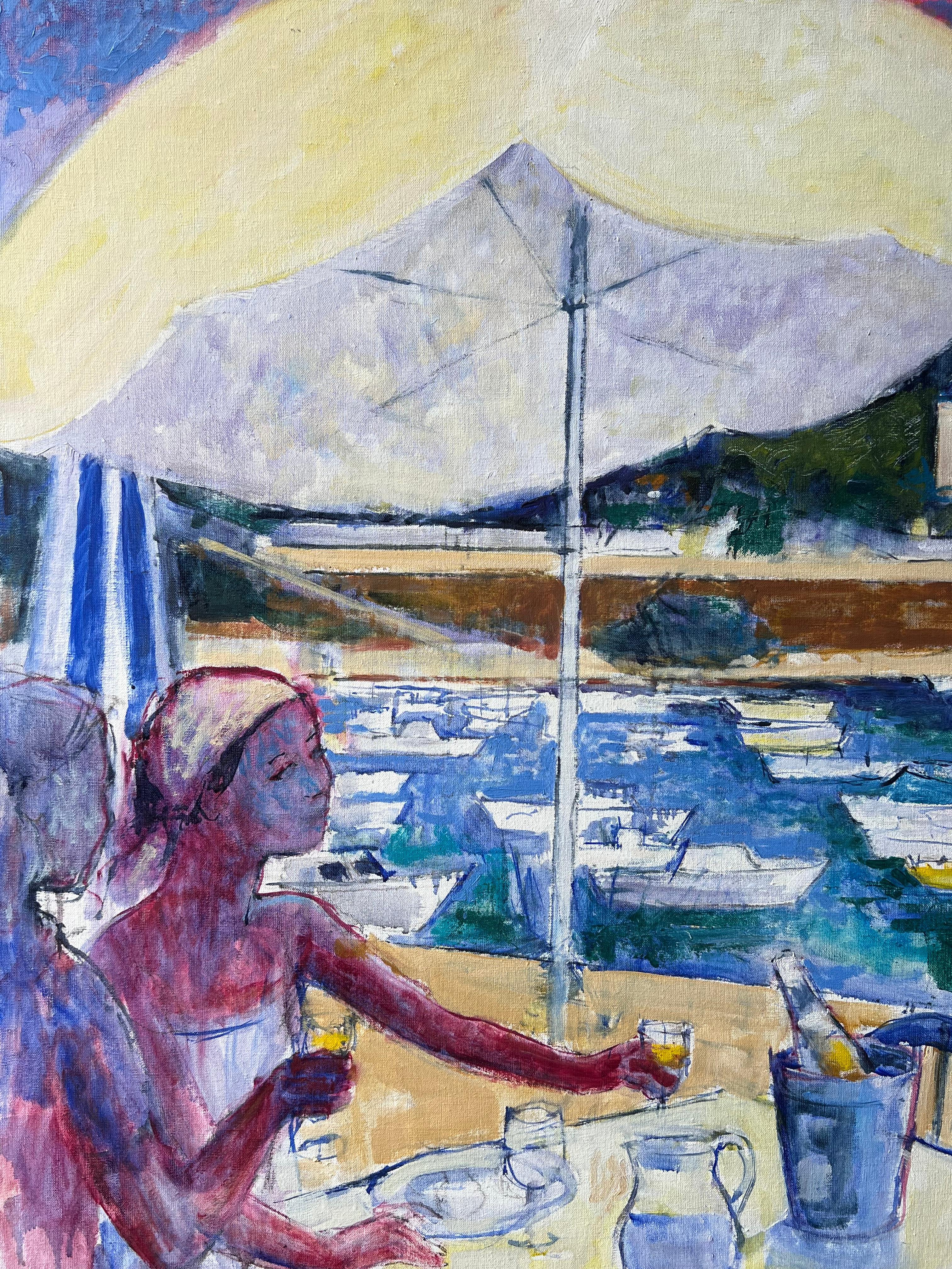 Seaside Cafe Szene mit Diners mit Blick auf Boote und Villa Ein Französisch Ölgemälde (Grau), Landscape Painting, von Pierre Neveu