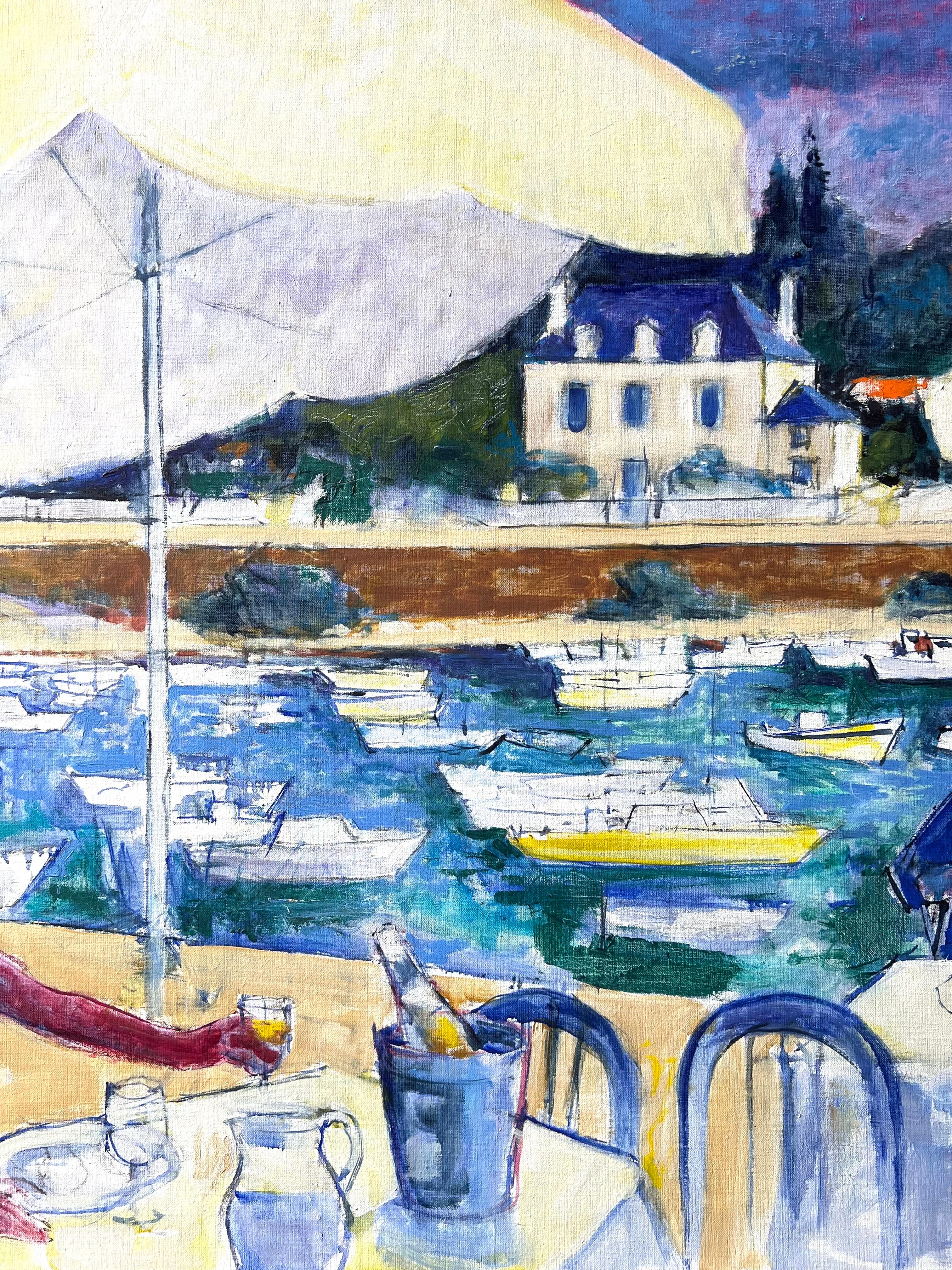 Seaside Cafe Szene mit Diners mit Blick auf Boote und Villa Ein Französisch Ölgemälde im Angebot 2