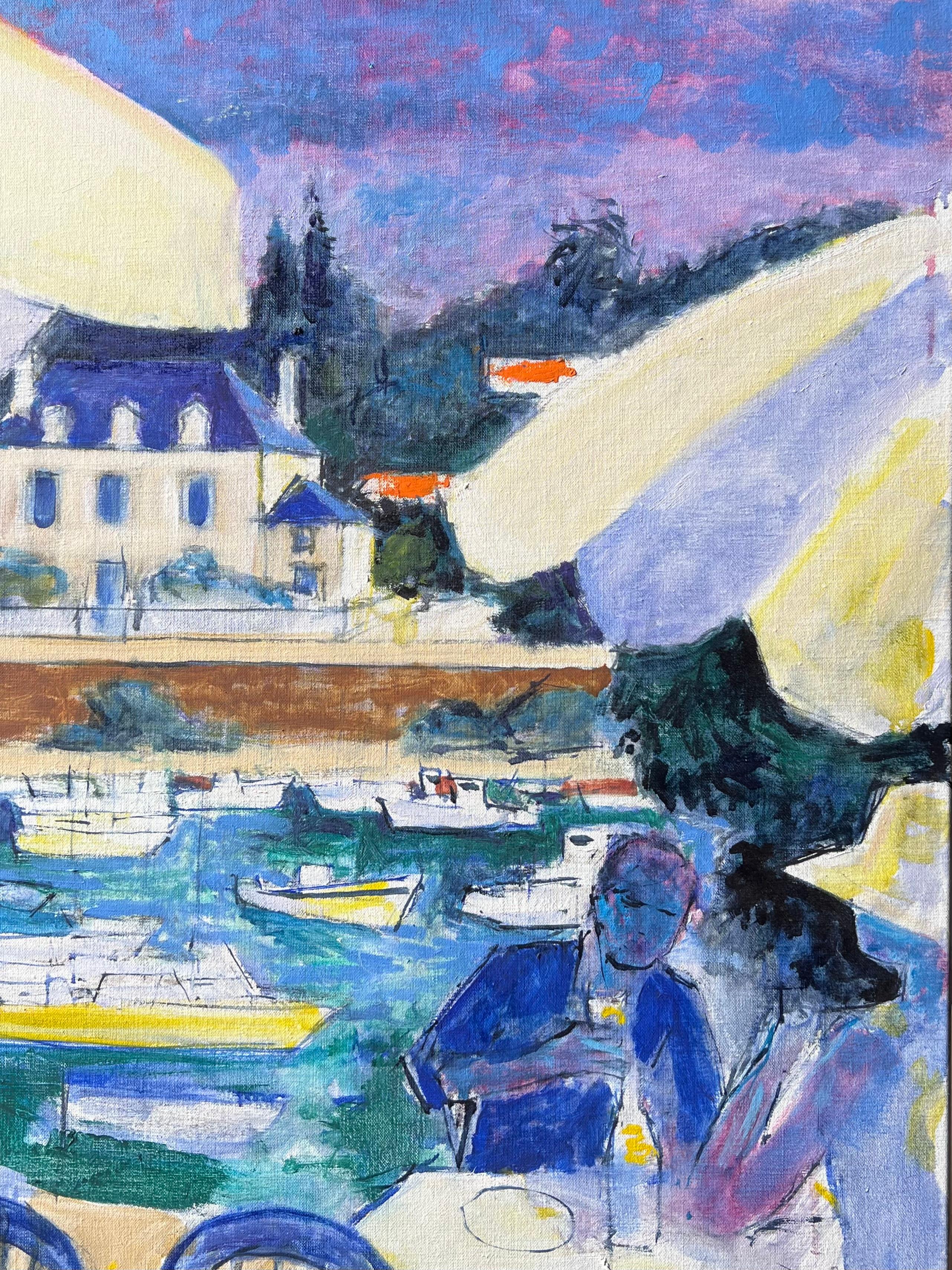 Seaside Cafe Szene mit Diners mit Blick auf Boote und Villa Ein Französisch Ölgemälde im Angebot 3