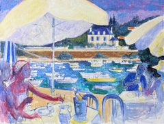 Seaside Cafe Scene With Diners Overlooking Boats And Villa A French Oil Painting