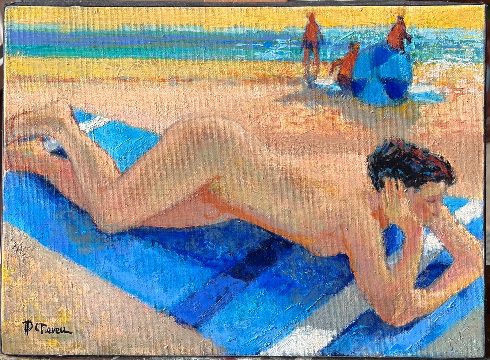 Signiert Französisch Zeitgenössische Ölgemälde Nackte Frau Sonnenbaden am Strand – Painting von Pierre Neveu