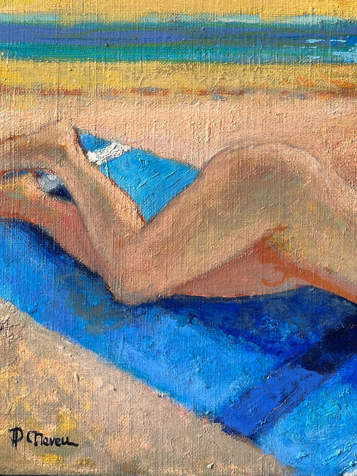 Signiert Franz�ösisch Zeitgenössische Ölgemälde Nackte Frau Sonnenbaden am Strand (Beige), Nude Painting, von Pierre Neveu