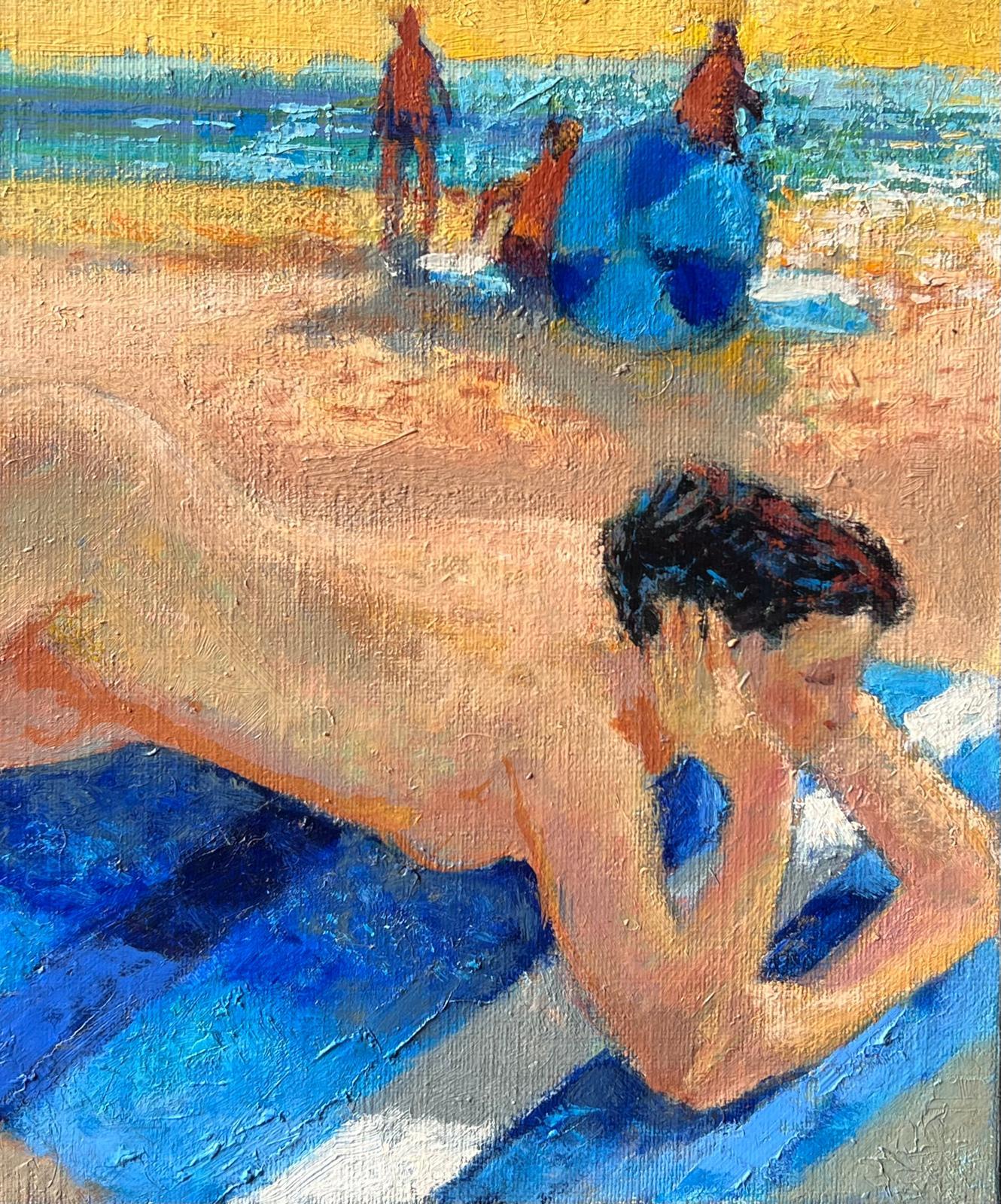 Signiert Französisch Zeitgenössische Ölgemälde Nackte Frau Sonnenbaden am Strand im Angebot 1