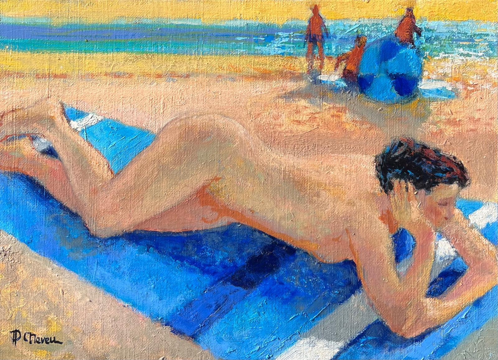 Signiert Französisch Zeitgenössische Ölgemälde Nackte Frau Sonnenbaden am Strand