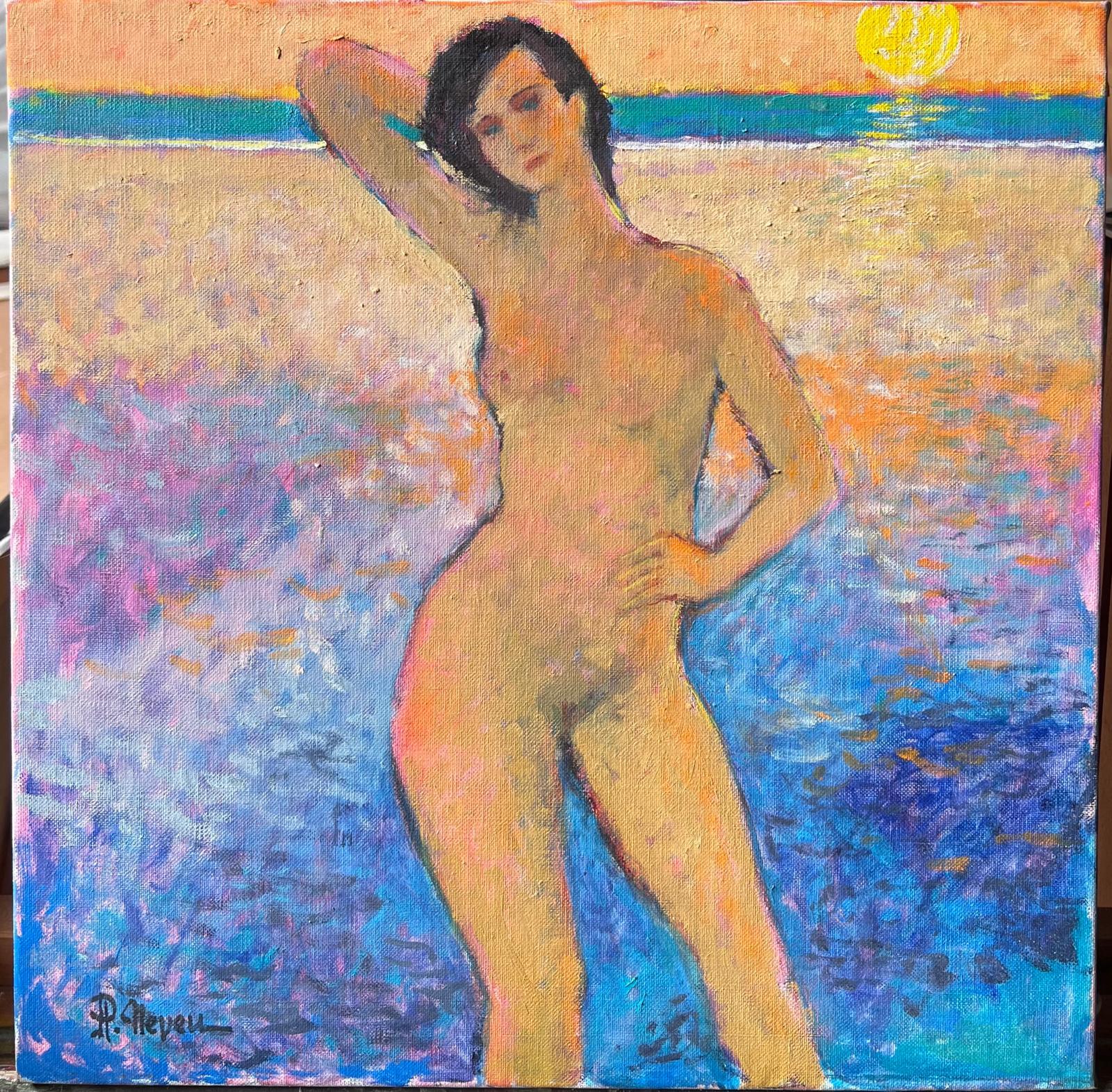 Signiert Französisch Modernist Ölgemälde Nude Woman Standing on Sunset Beach – Painting von Pierre Neveu