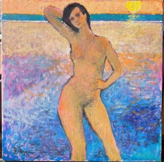 Signed French Modernist Oil Painting Nude Woman Standing on Sunset Beach