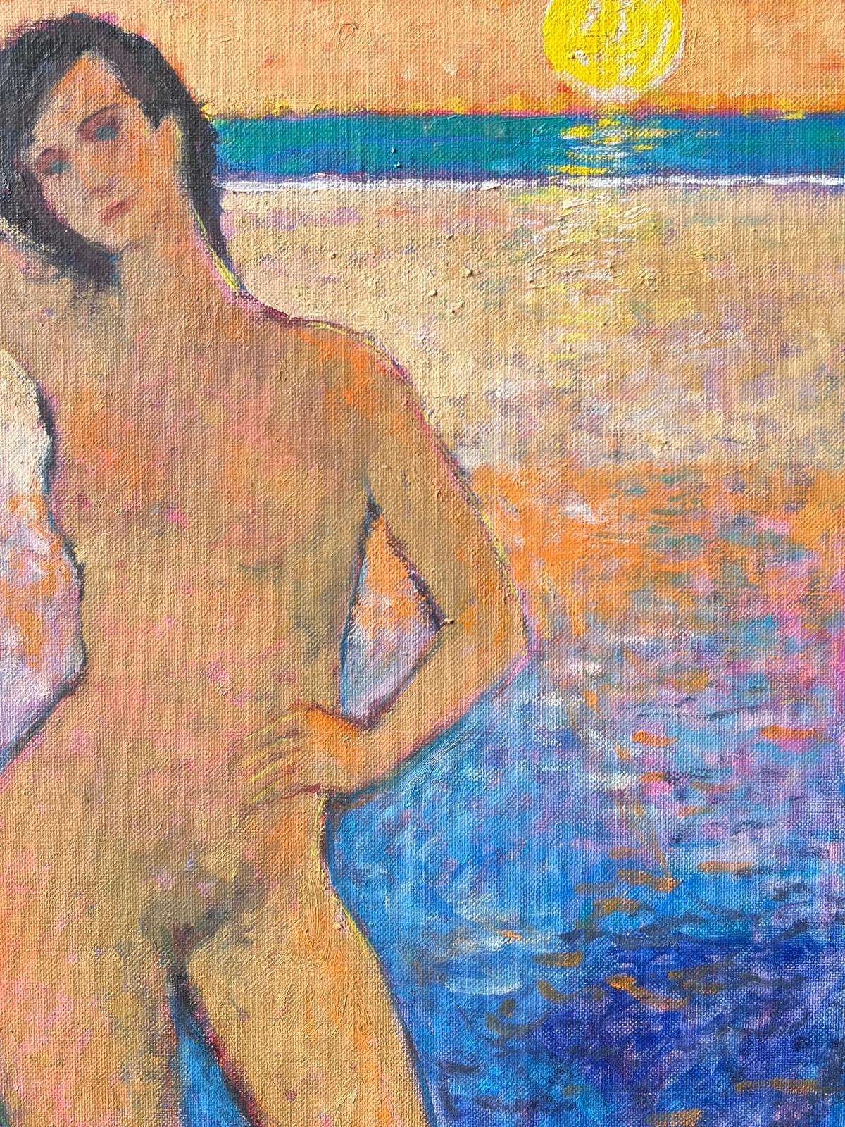 Signiert Französisch Modernist Ölgemälde Nude Woman Standing on Sunset Beach (Post-Impressionismus), Painting, von Pierre Neveu