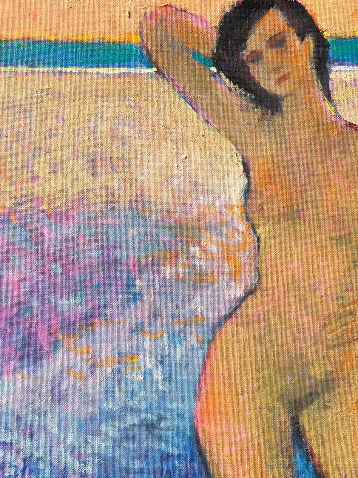 Signiert Französisch Modernist Ölgemälde Nude Woman Standing on Sunset Beach (Braun), Nude Painting, von Pierre Neveu