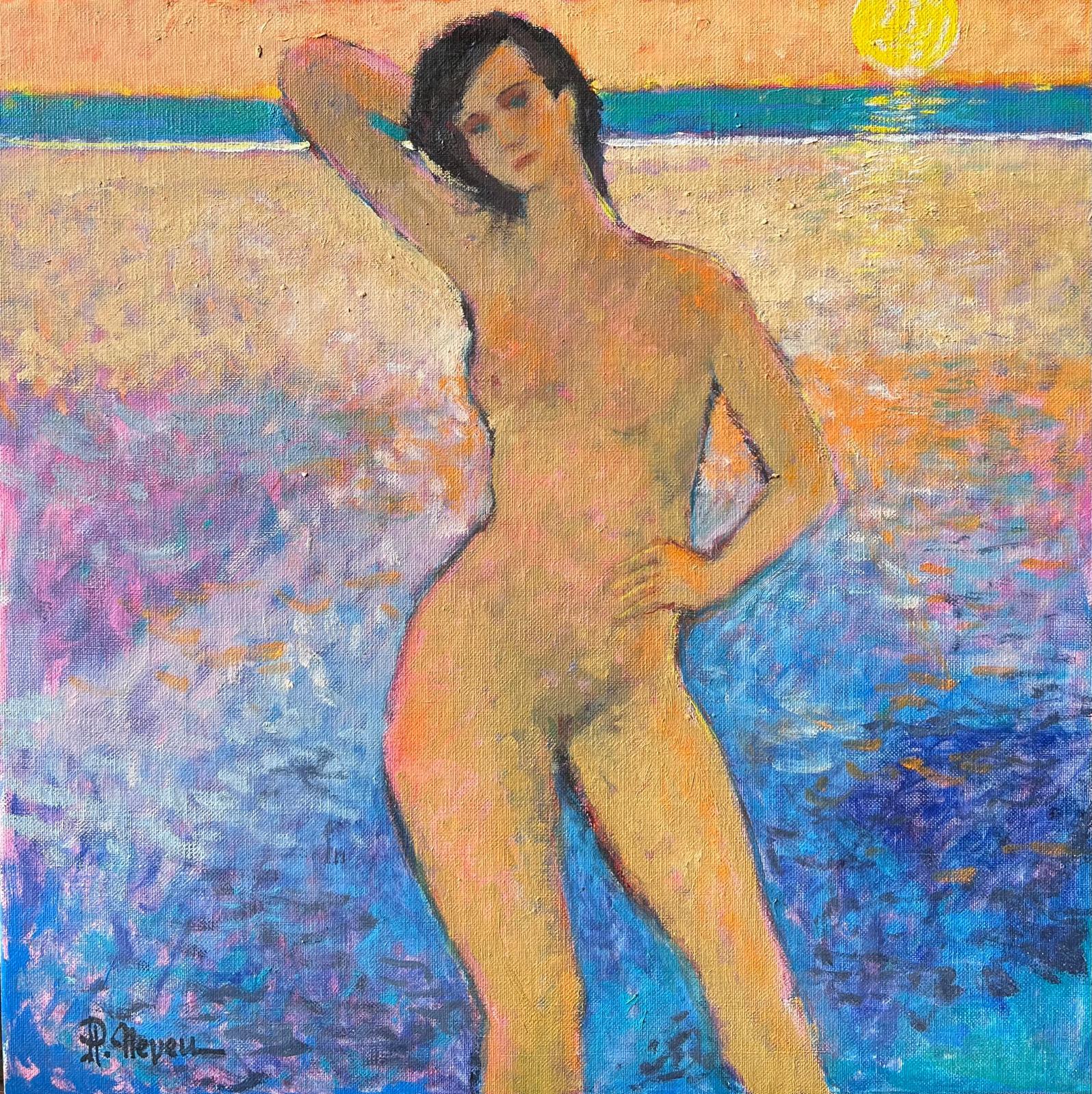 Signiert Französisch Modernist Ölgemälde Nude Woman Standing on Sunset Beach