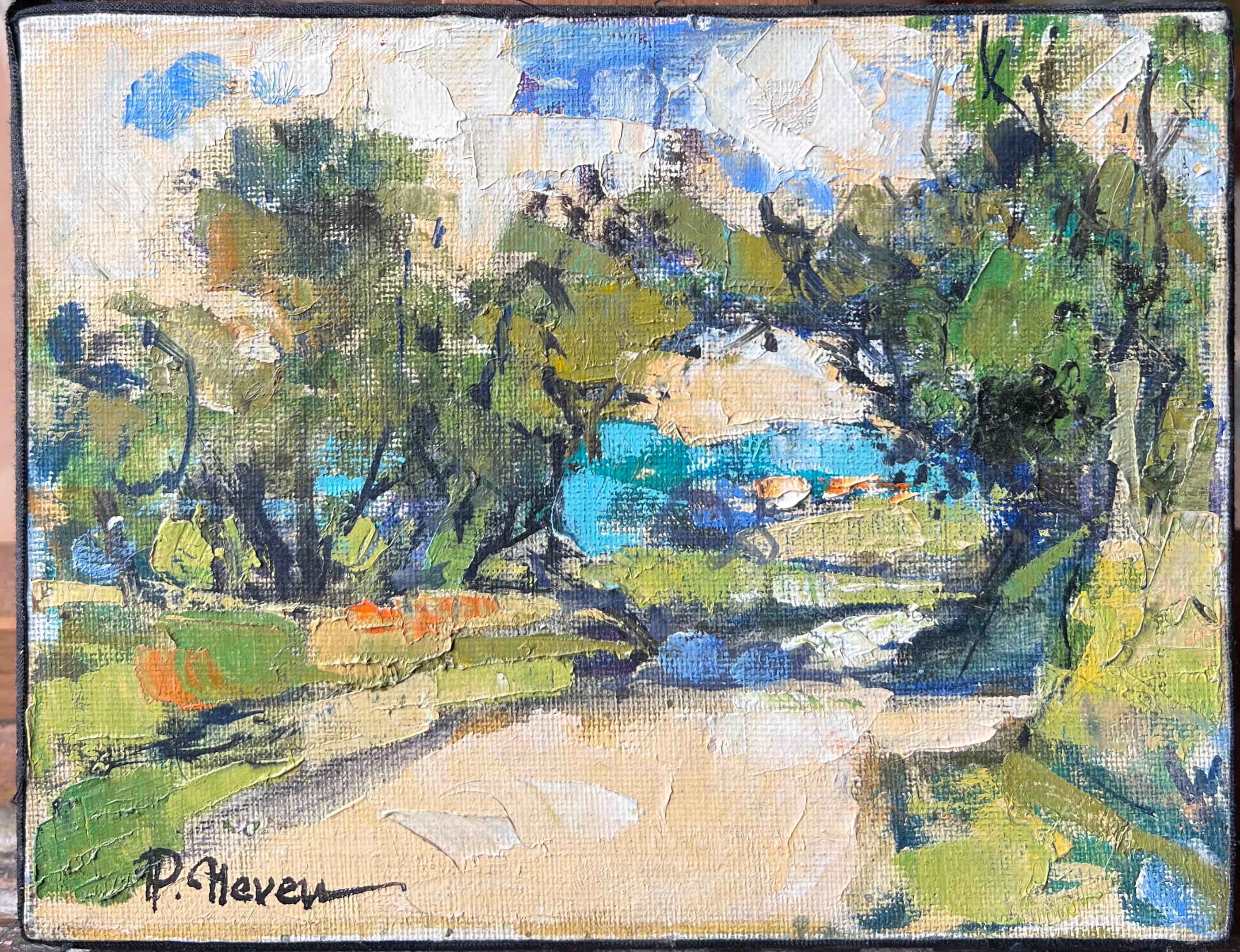 Petit paysage avec arbres et eau bleue sous une lumière chaude Peinture à l'huile française - Painting de Pierre Neveu