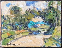 Kleine Landschaft mit Bäumen und blauem Wasser unter warmem Licht Französisch Ölgemälde