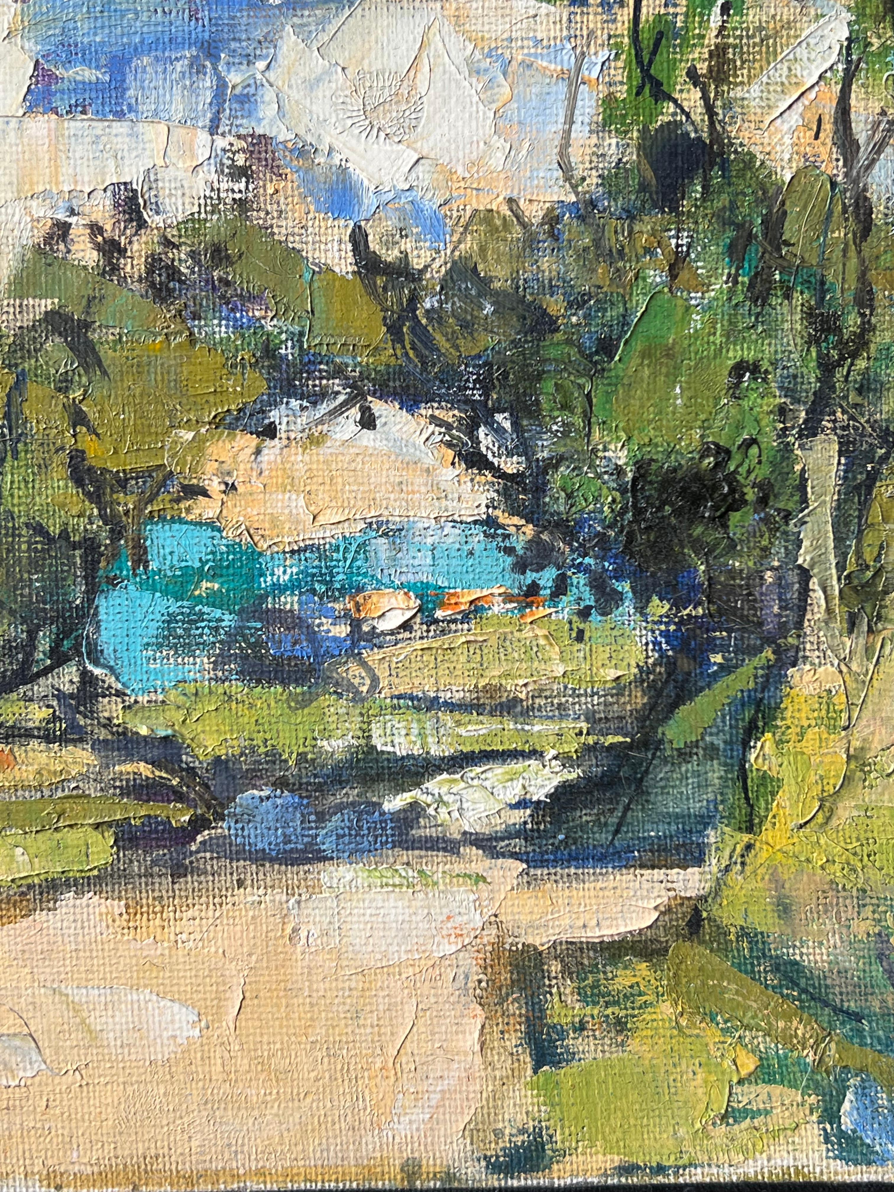 Petit paysage avec arbres et eau bleue sous une lumière chaude Peinture à l'huile française - Post-impressionnisme Painting par Pierre Neveu