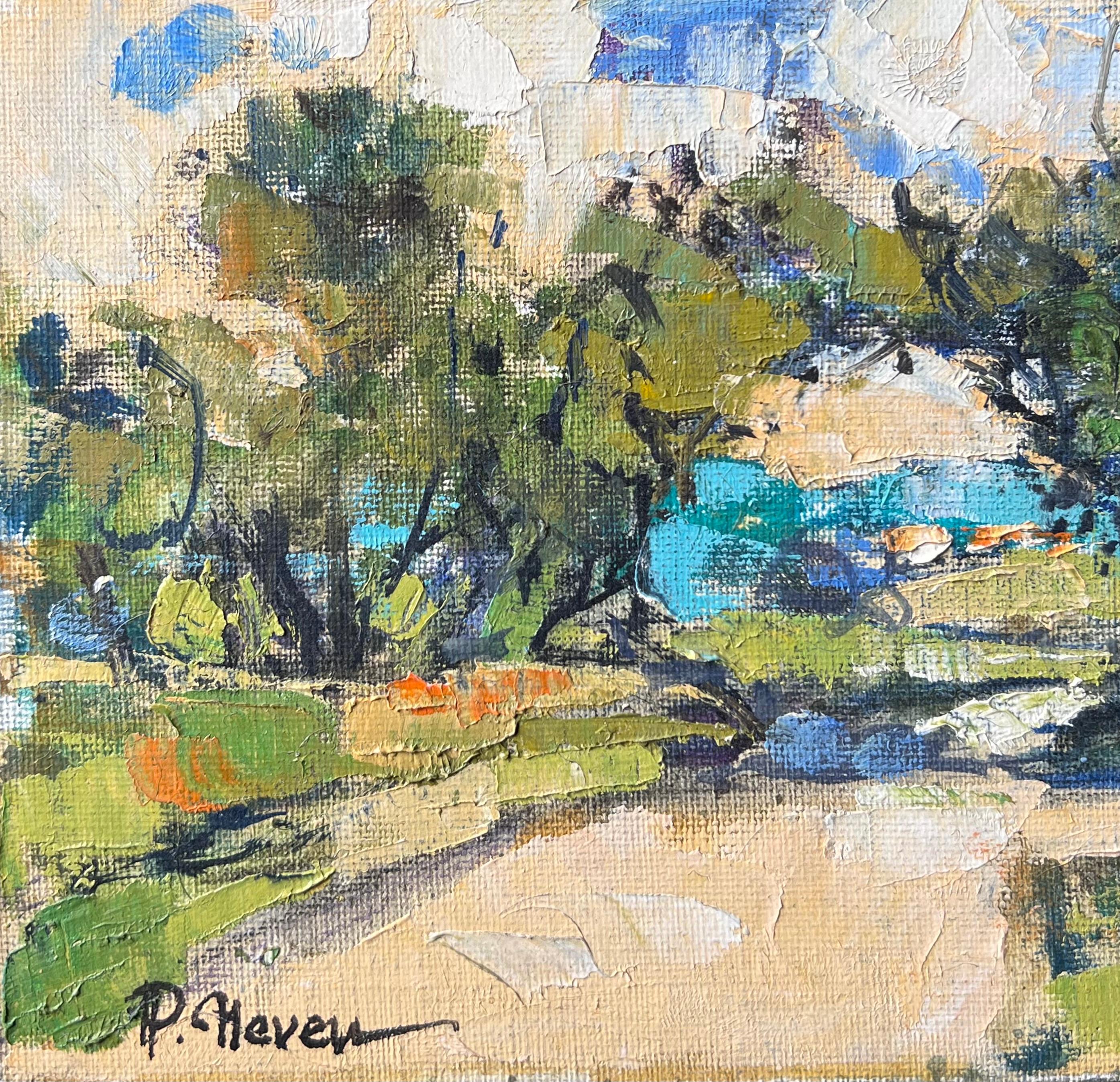 Petit paysage avec arbres et eau bleue sous une lumière chaude Peinture à l'huile française - Gris Landscape Painting par Pierre Neveu